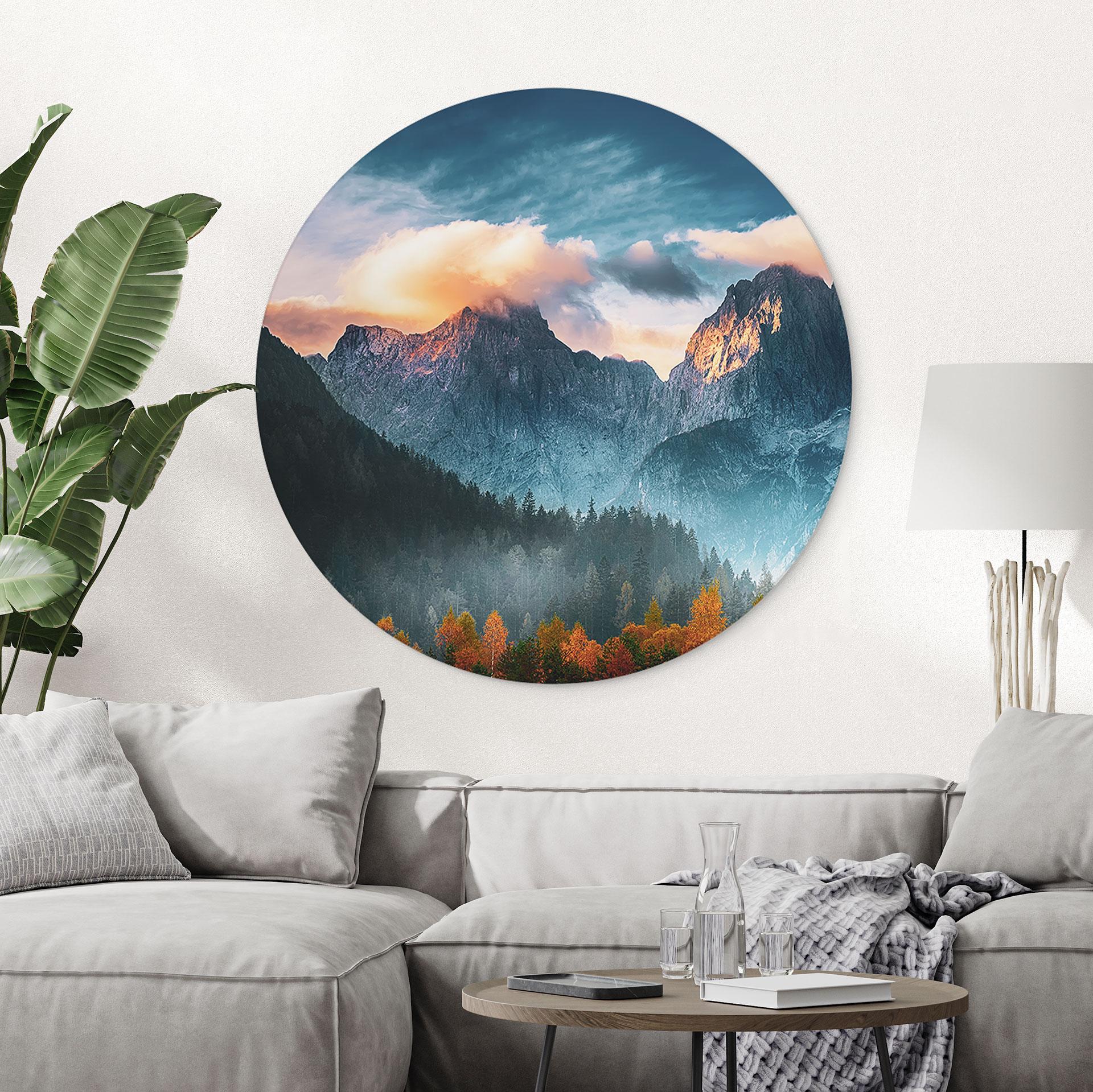 Wandbild Herbstliche Landschaft am Gipfel Triglav in den Julischen Alpen - Alu-Dibond Rund
