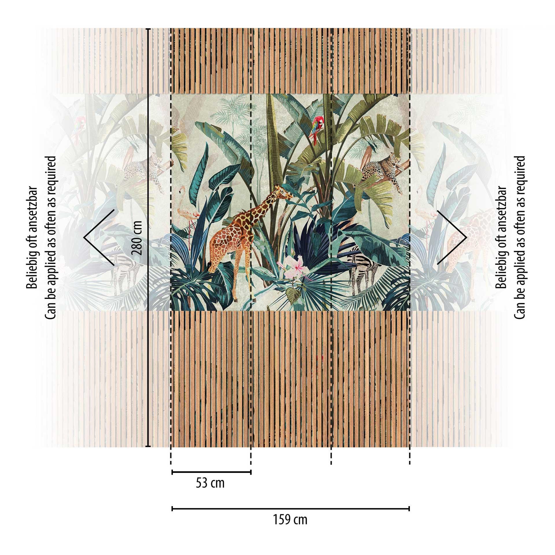 Jungle behang met houten panelen - vliesbehang tropisch design - woonkamer behang