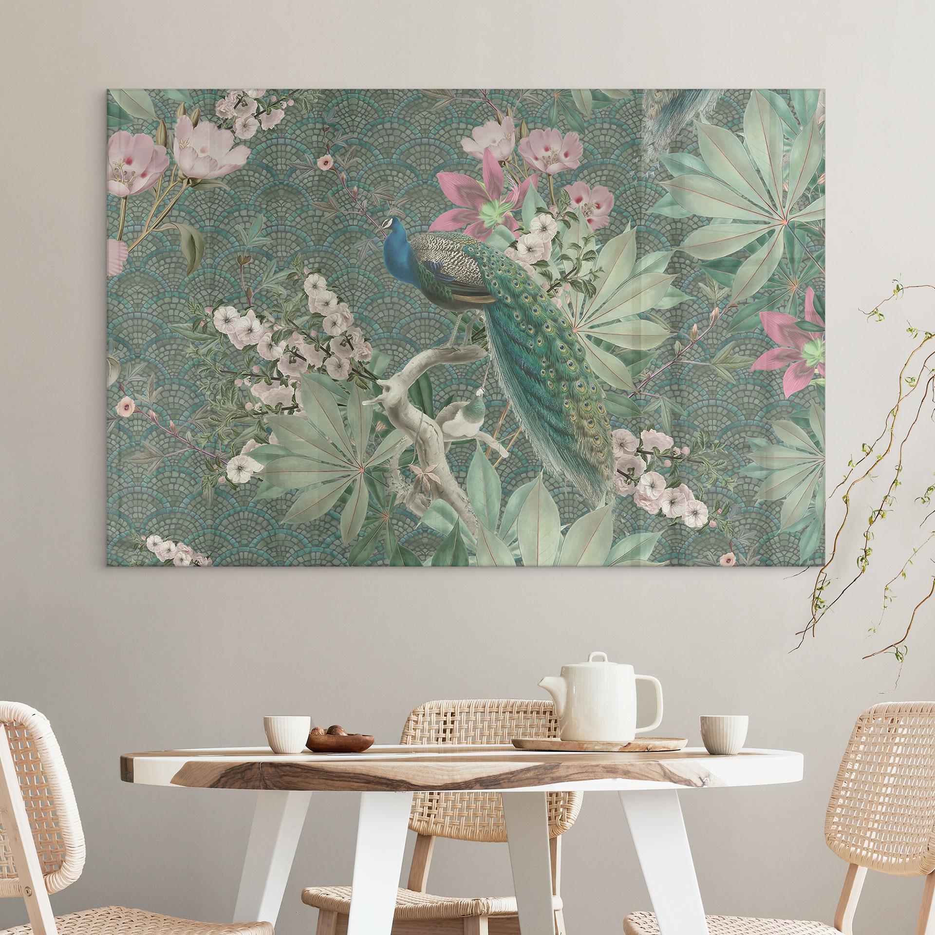 Akrylbillede Påfugl i tropisk have på mosaik - Bloomery Decor