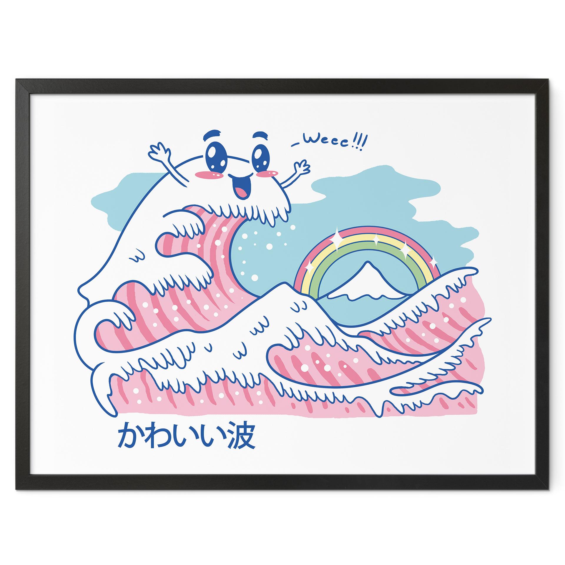Plakat Kawaii-bølge med regnbue og Fuji-bjerget