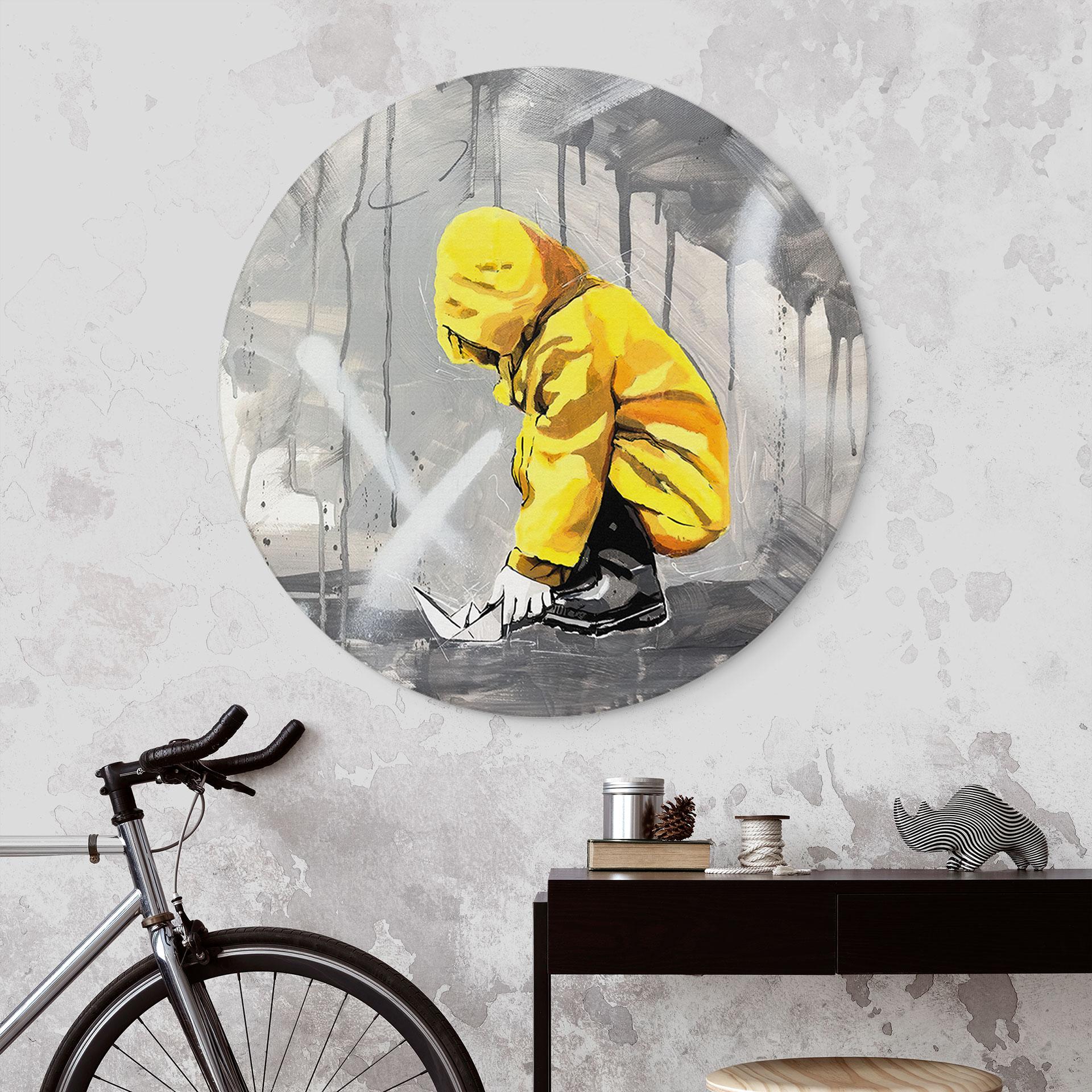 Wandbild Kind mit Papierschiff Streetart - Habib - Alu-Dibond Rund