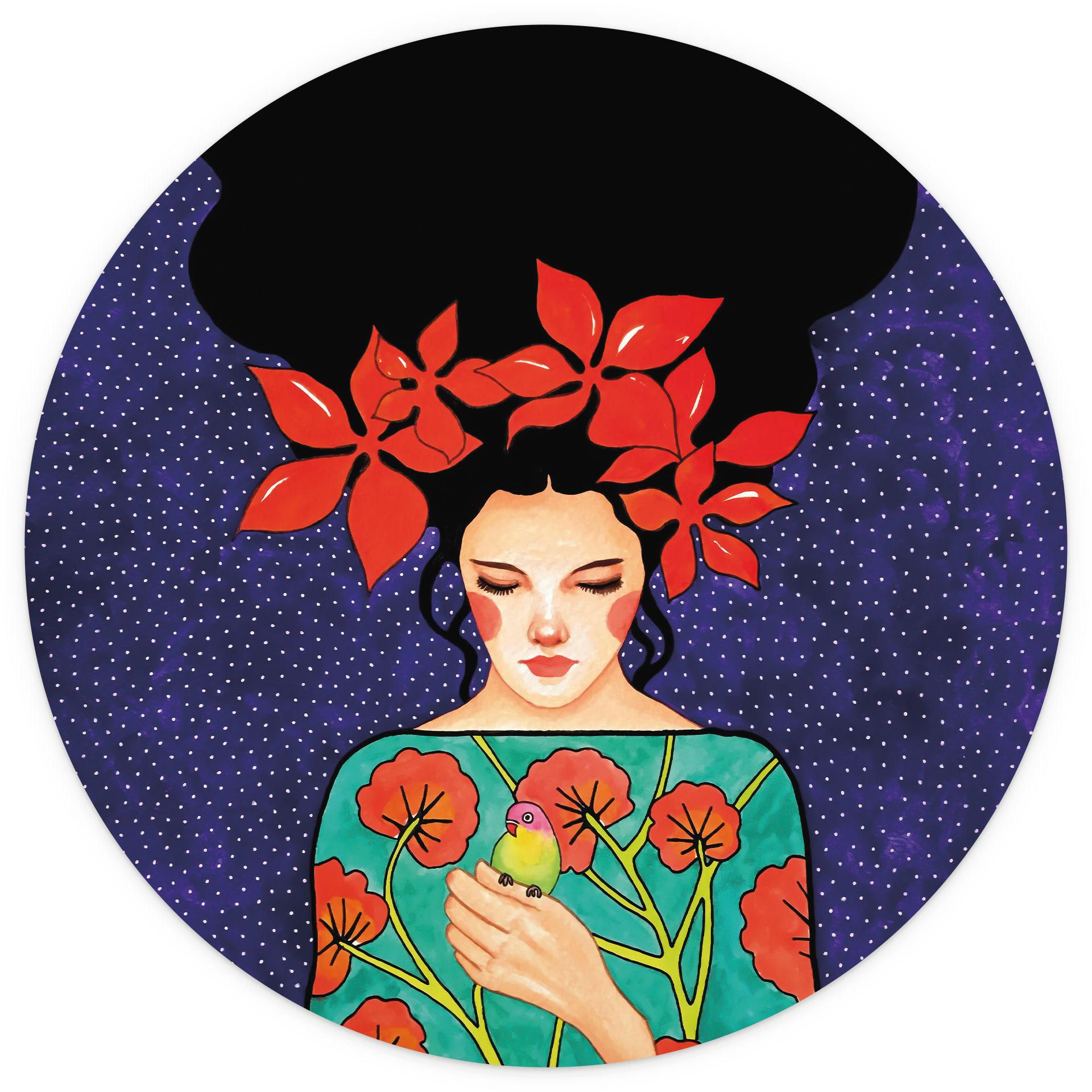Fotobehang Vrouw met bloemenkroon en vogel - Hülya - Rond - Zelfklevend/niet-geweven