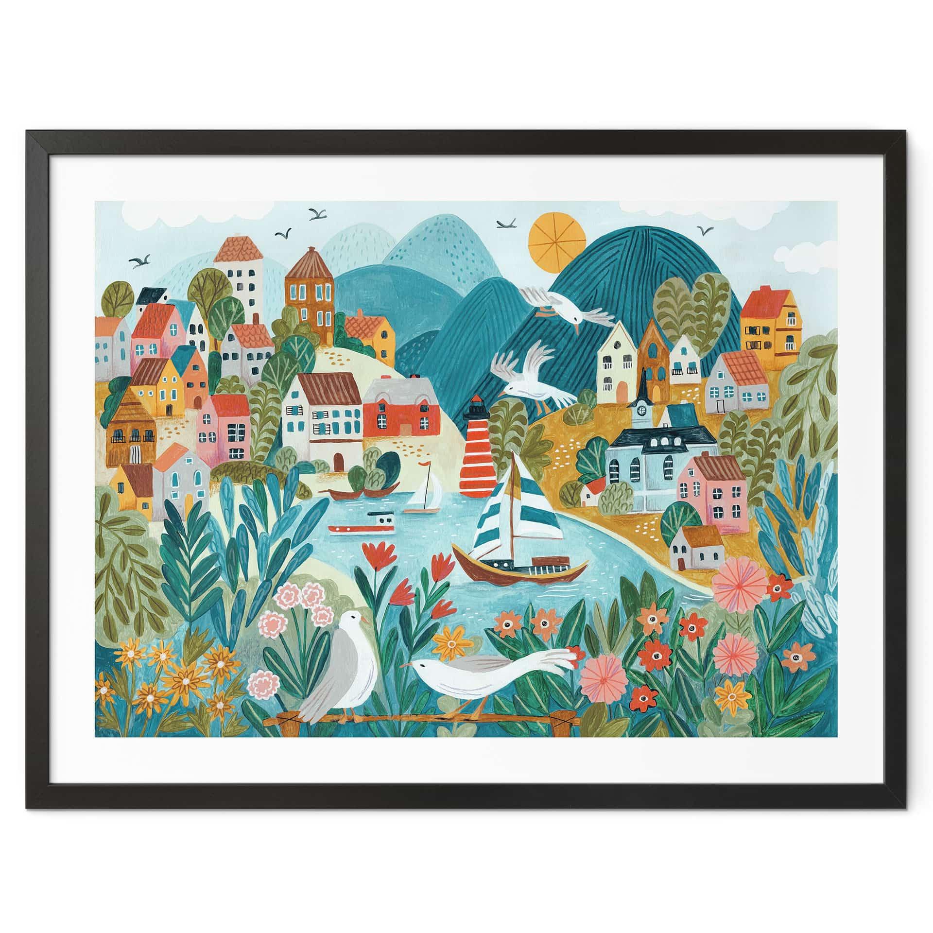 Plakat Farverig kystby om sommeren - Bonne Müller