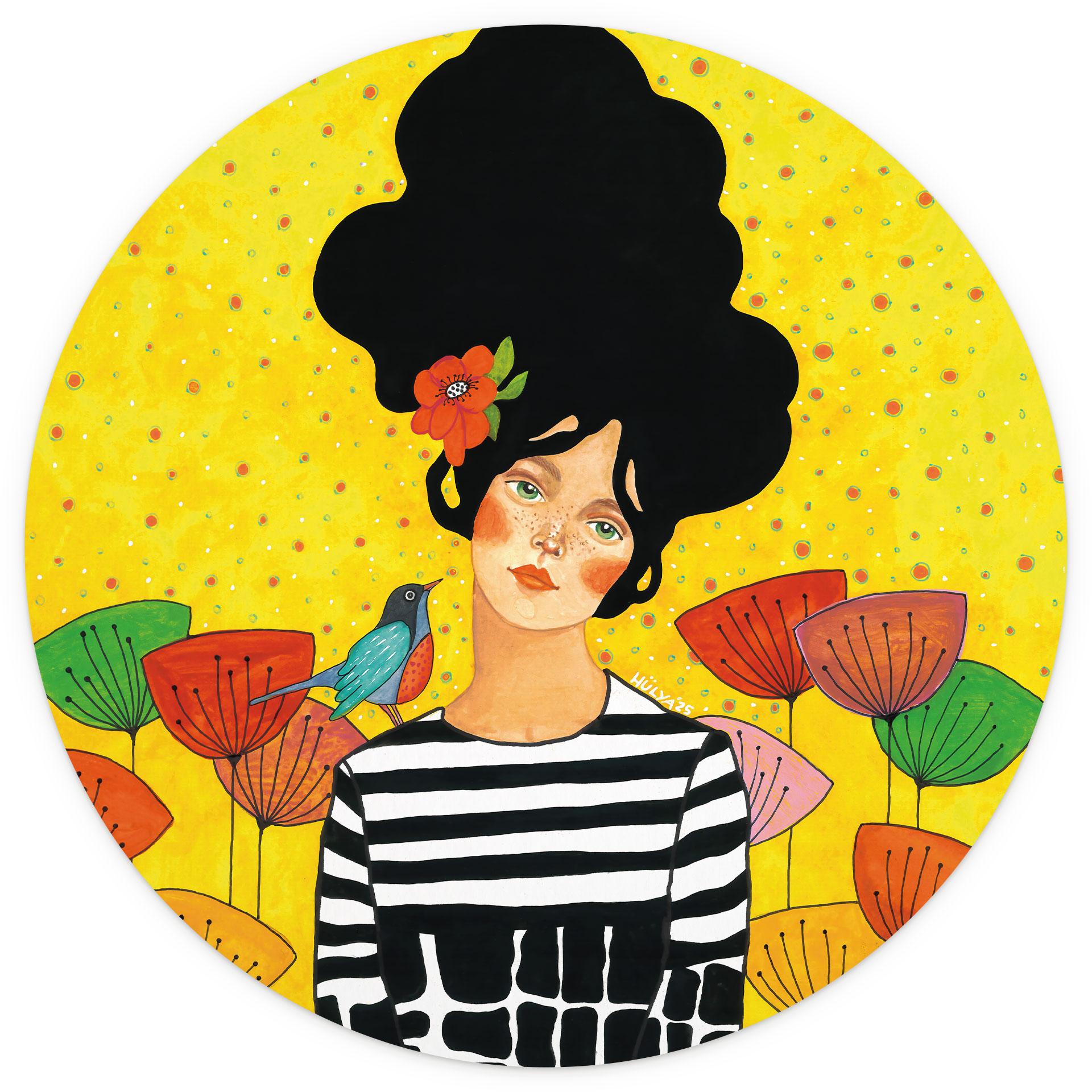 Fotobehang Bloemenmeisje in zomertuin - Hülya - rond - zelfklevend/niet-geweven