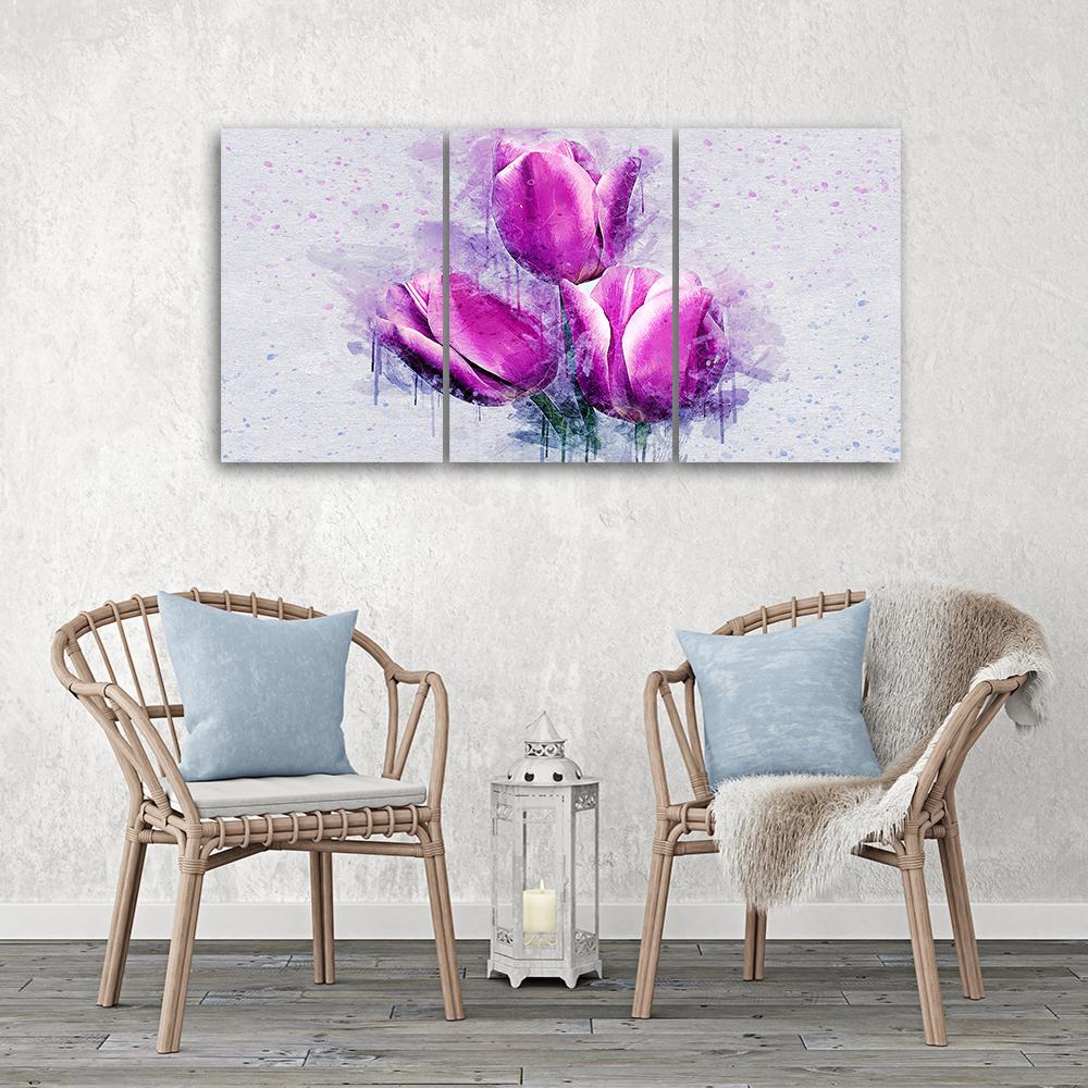 3 stykke lærredsprint, Tulipaner Blomster Pink