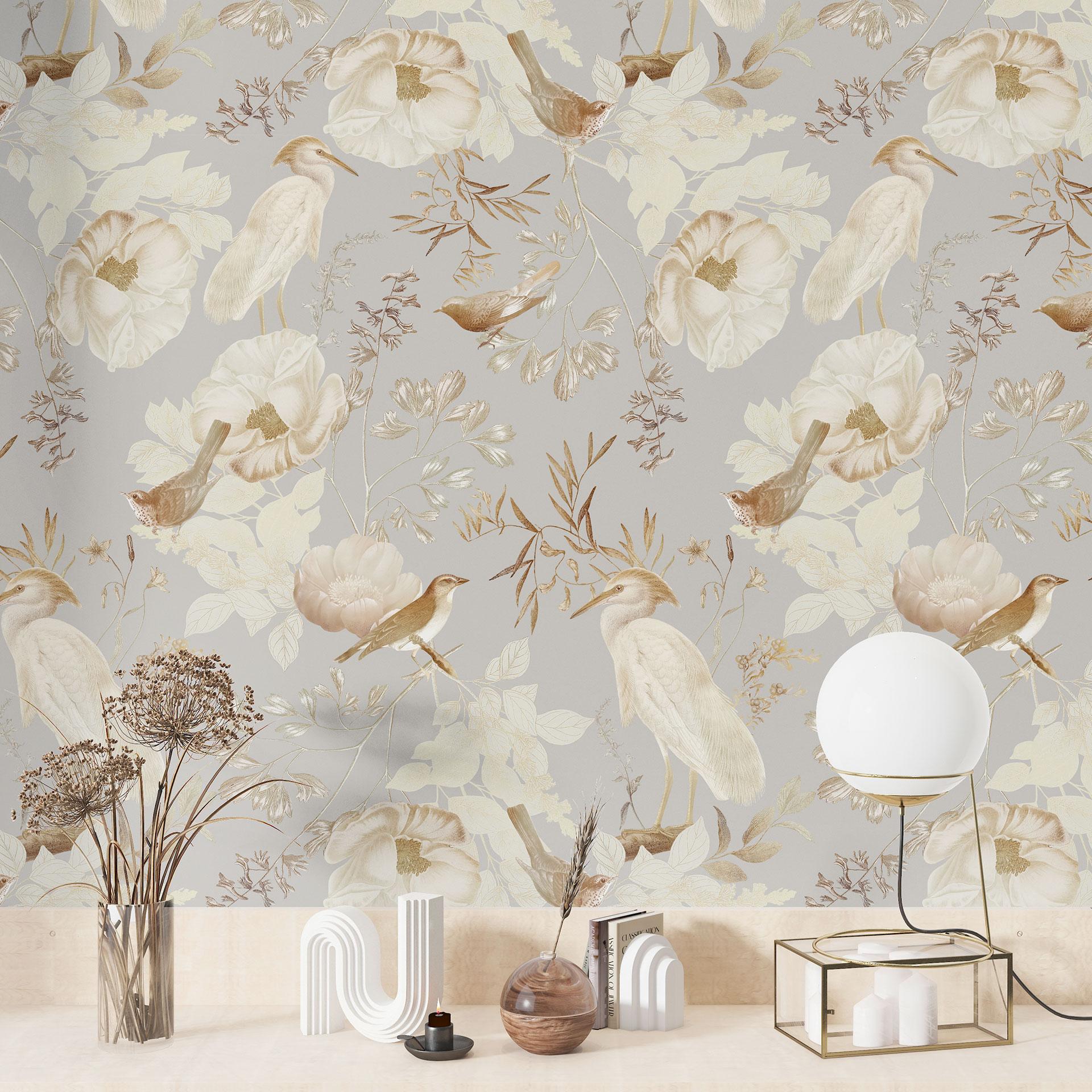 Carta da parati a motivi di uccelli tra fiori bianchi - UN Designs