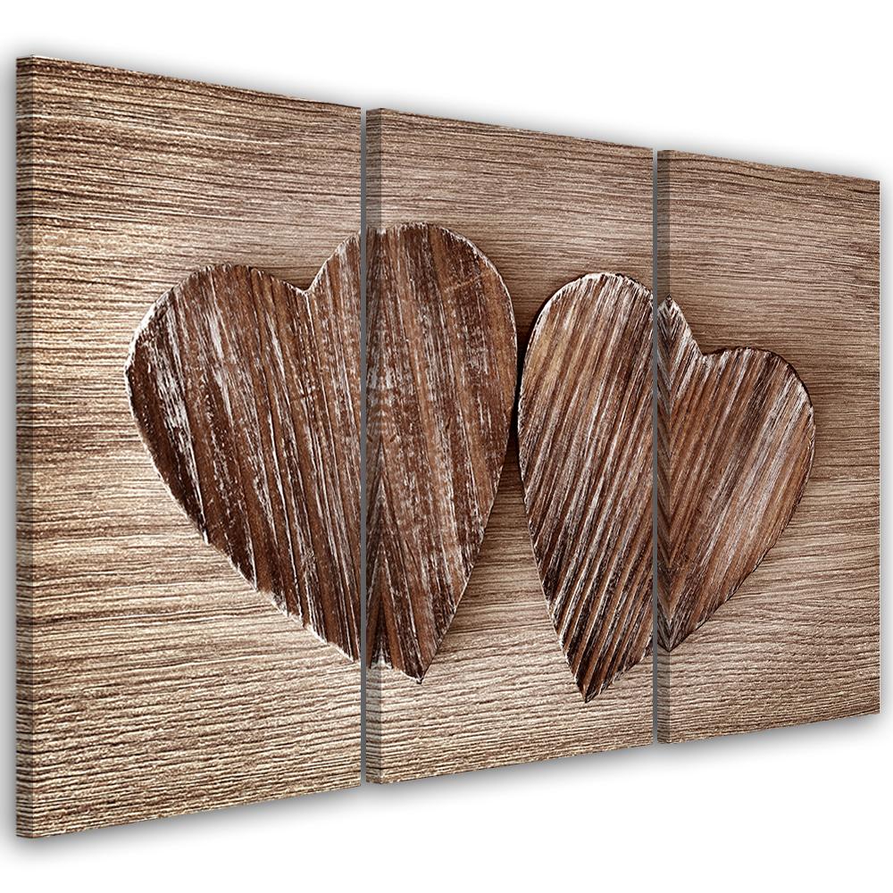 3 stykke lærred Print Heart Wood Brown Retro Shabby