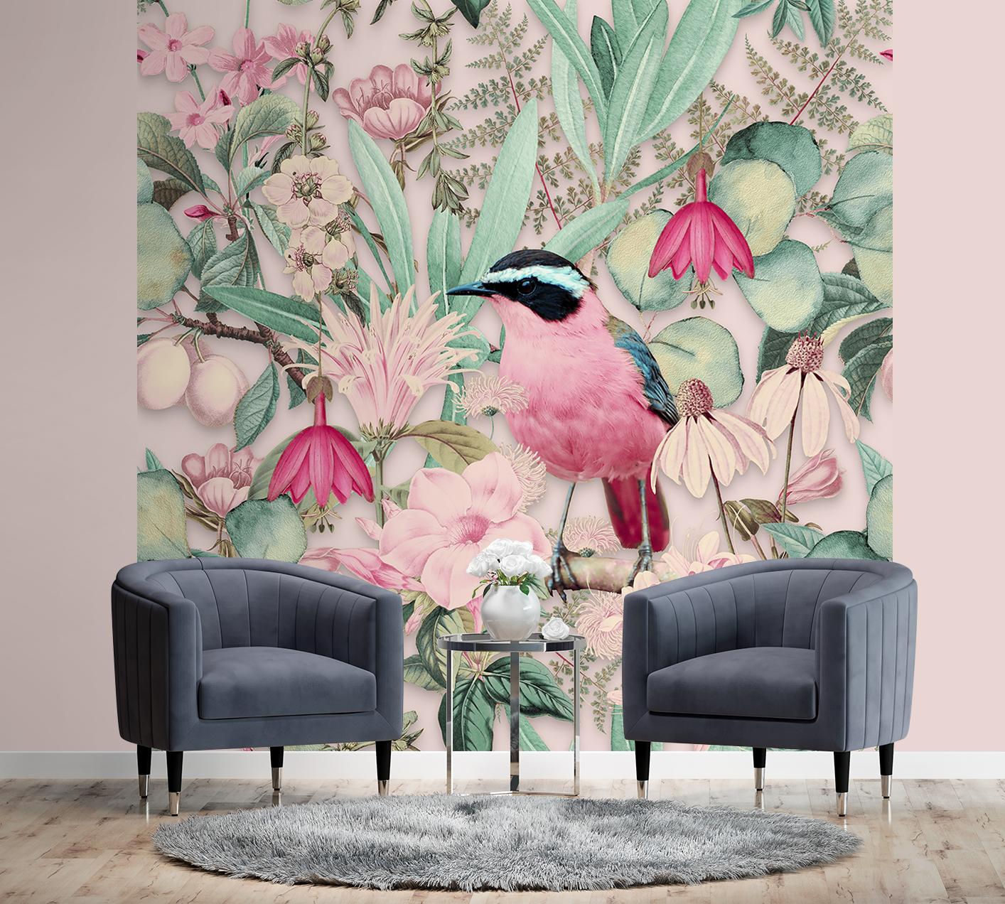 Fototapete, Shabby Chic Rosa Vogel Tropen - Andrea Haase