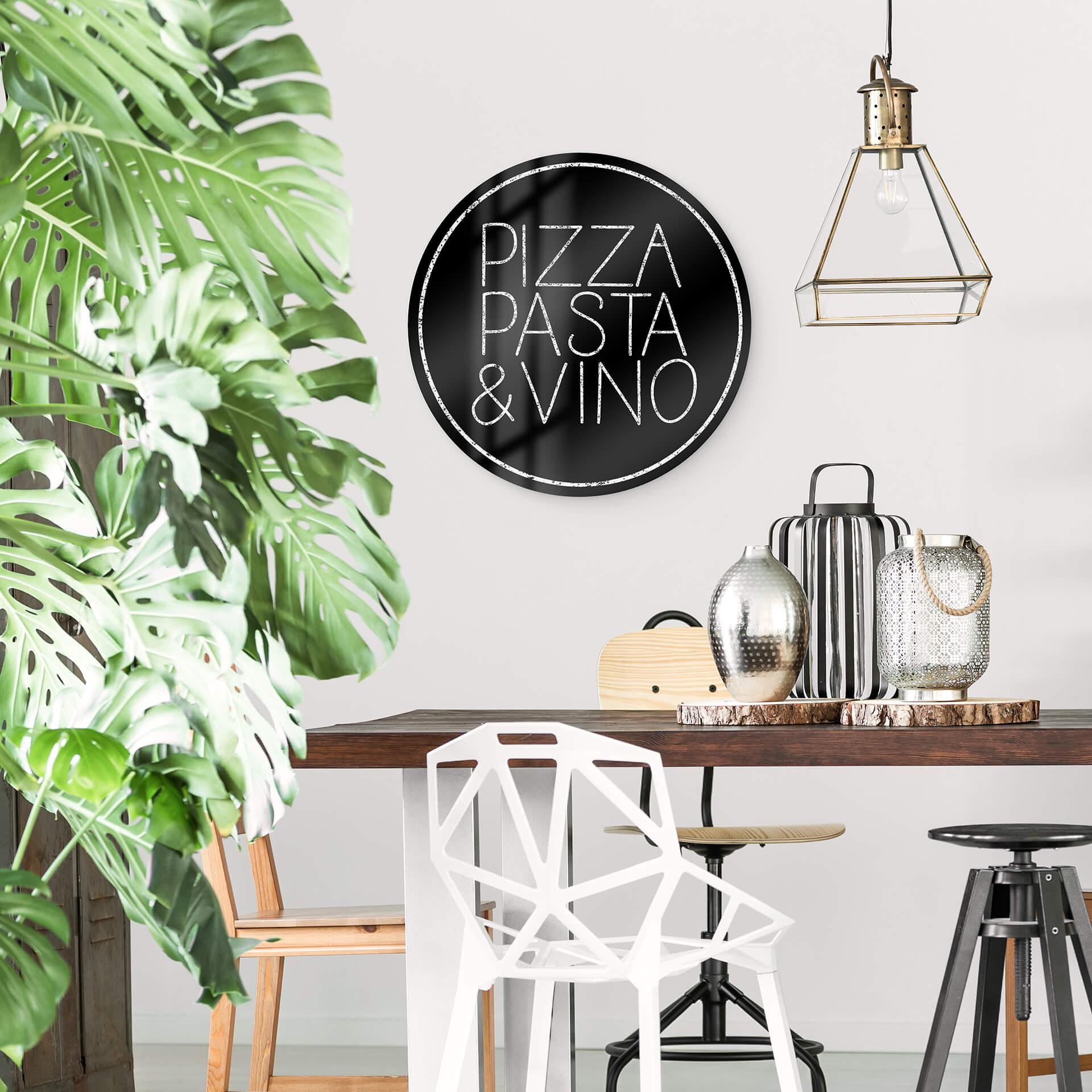 Glasschilderij Rond Pizza Pasta & Vino - zwart