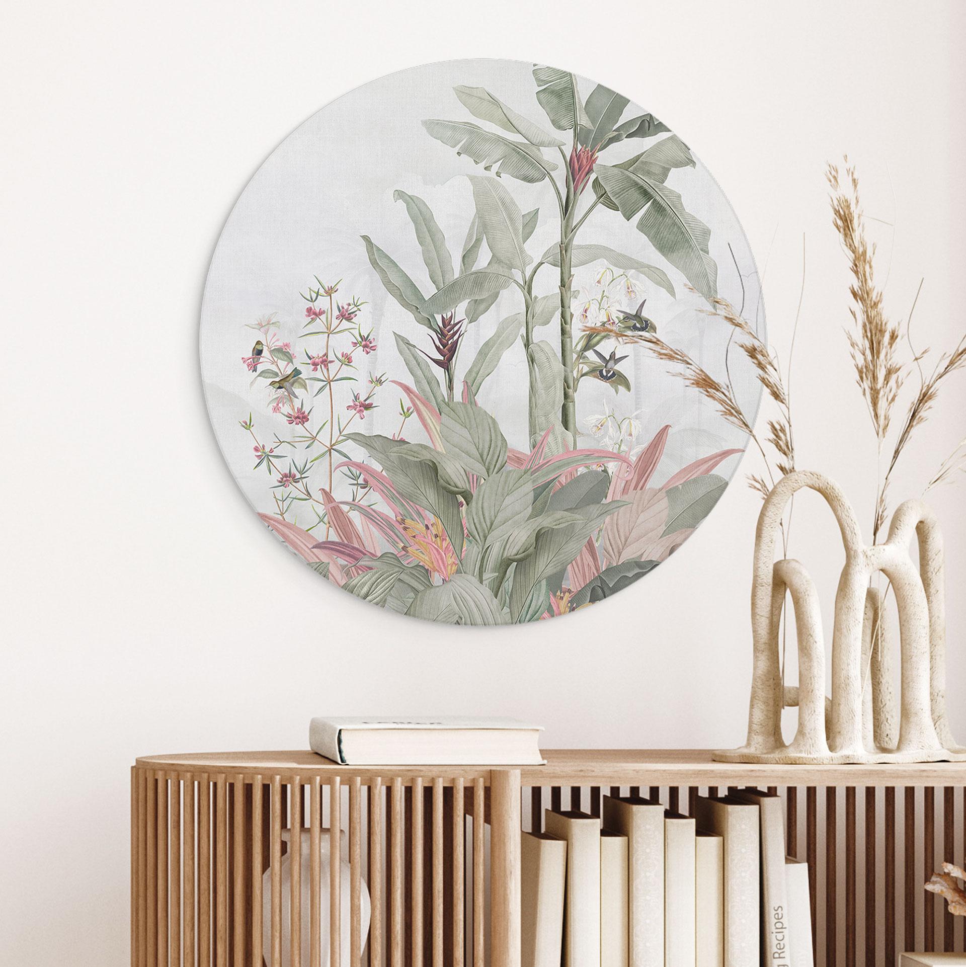Billede Tropisk idyl med kolibri blå - Bloomery Decor - rund – print på aluminium (Alu-Dibond)