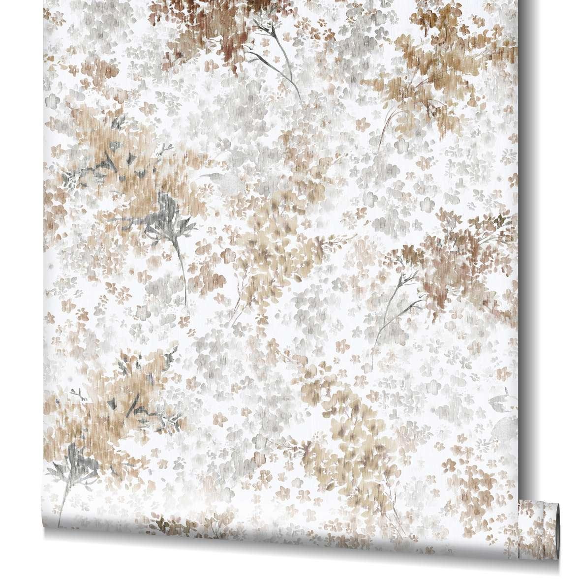 behang, vlies bloemen behang Flora wit, bruin