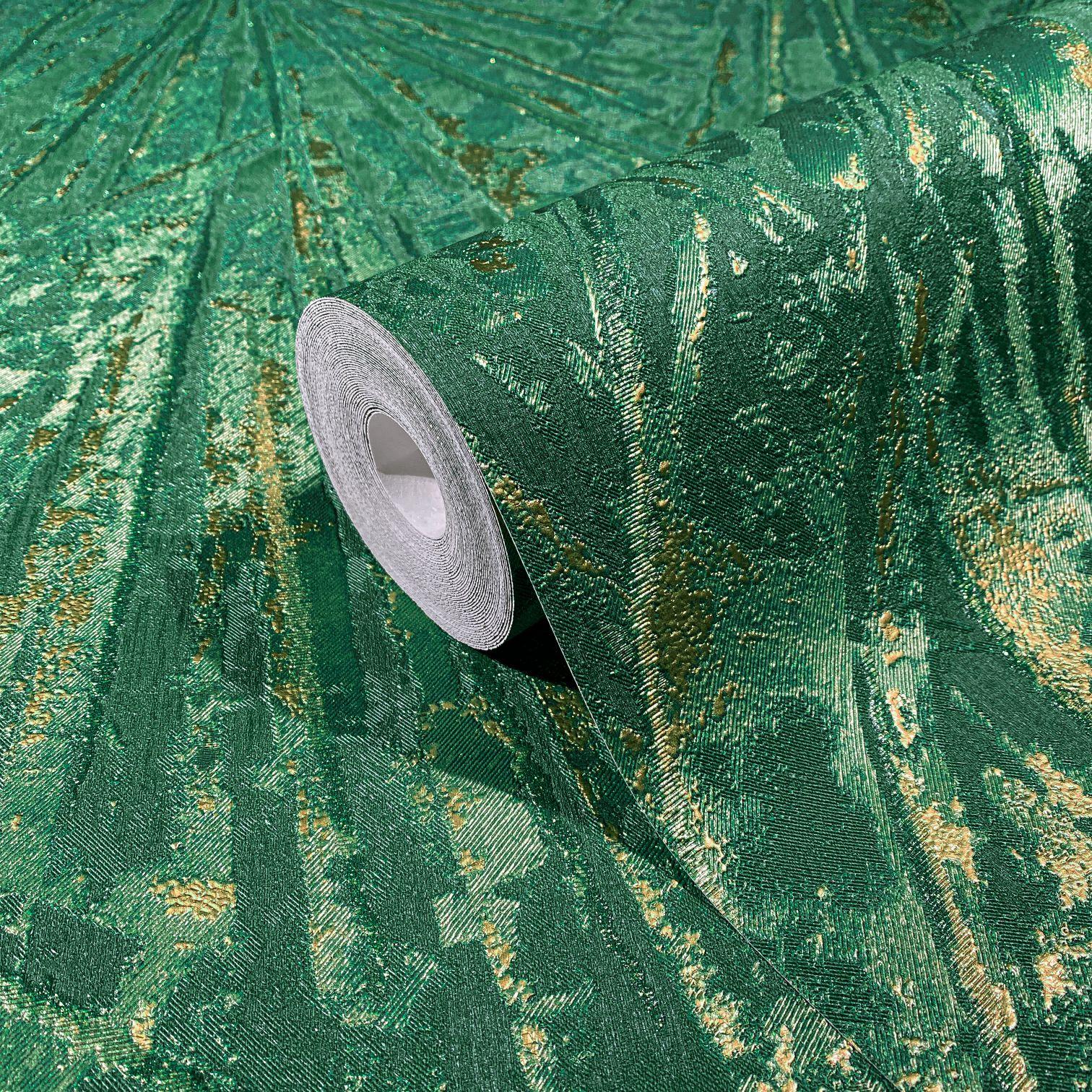 Vliesbehang met glans en waaierlook groen, goudstructuur