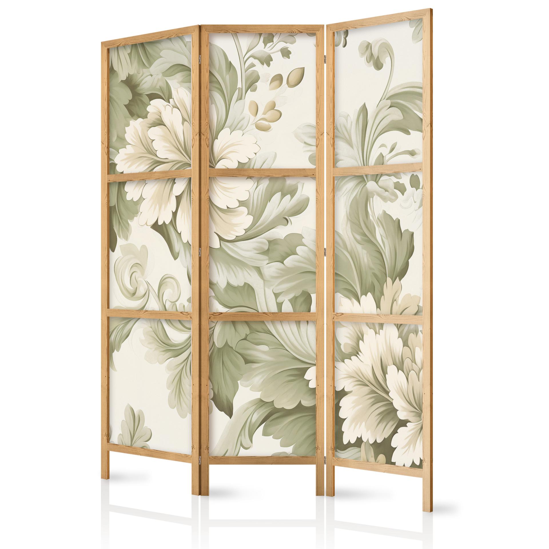 Japanischer Paravent, Raumteiler freistehend, Trennwand - Retro Vintage Flowers in Cream and Green