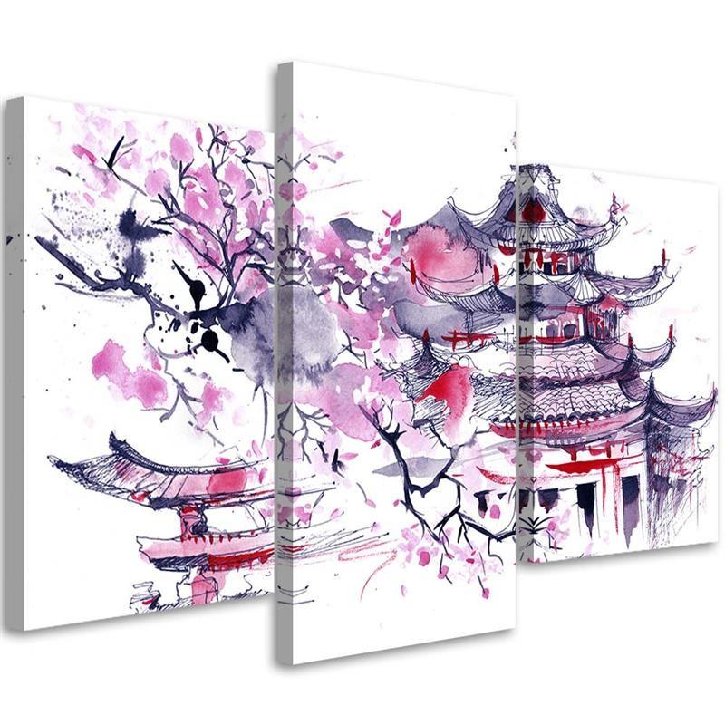 3 stykke lærredstryk, Pagoda Cherry Tree Japan Painted