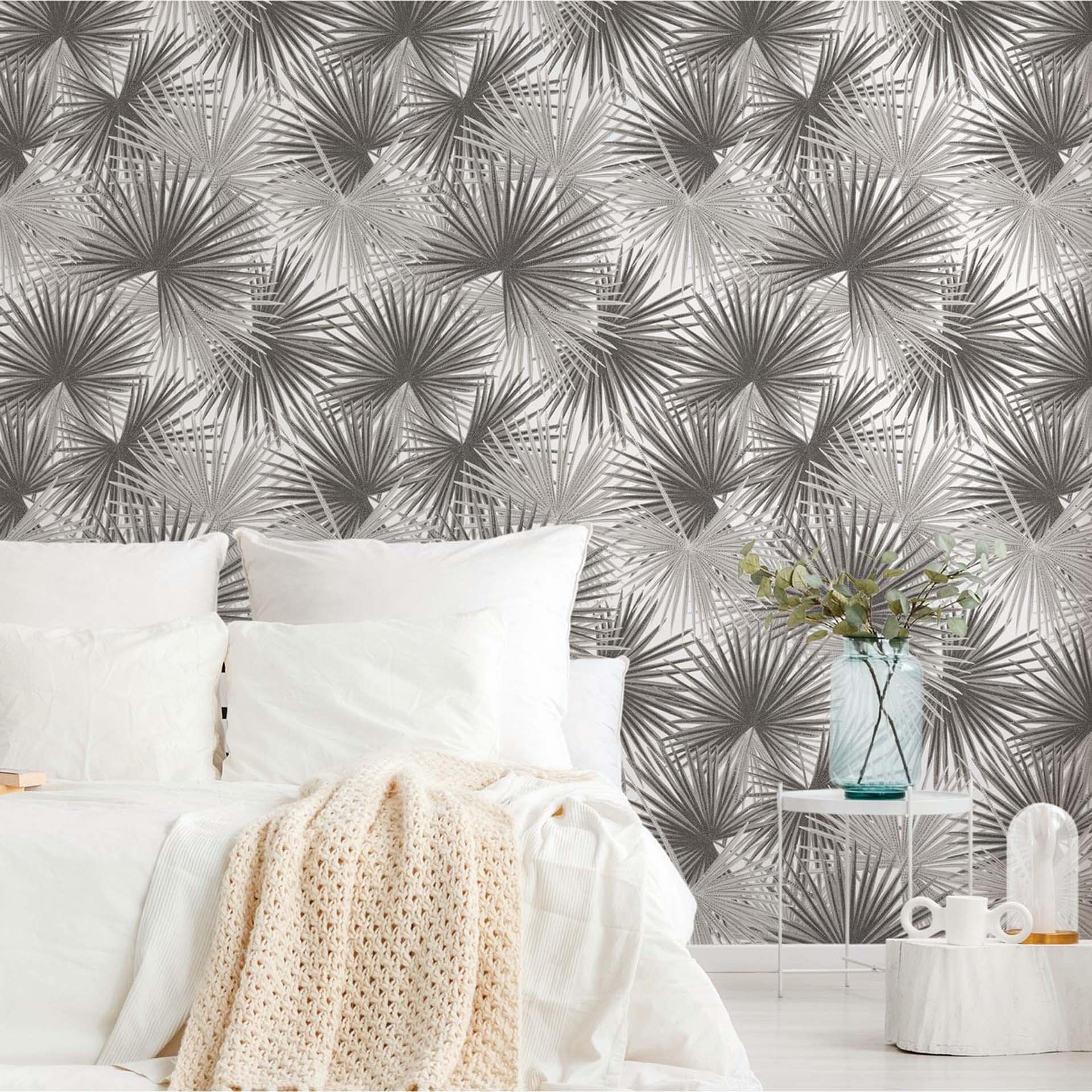 Fotomural palmeras hojas selva - papel pintado no tejido blanco gris salón