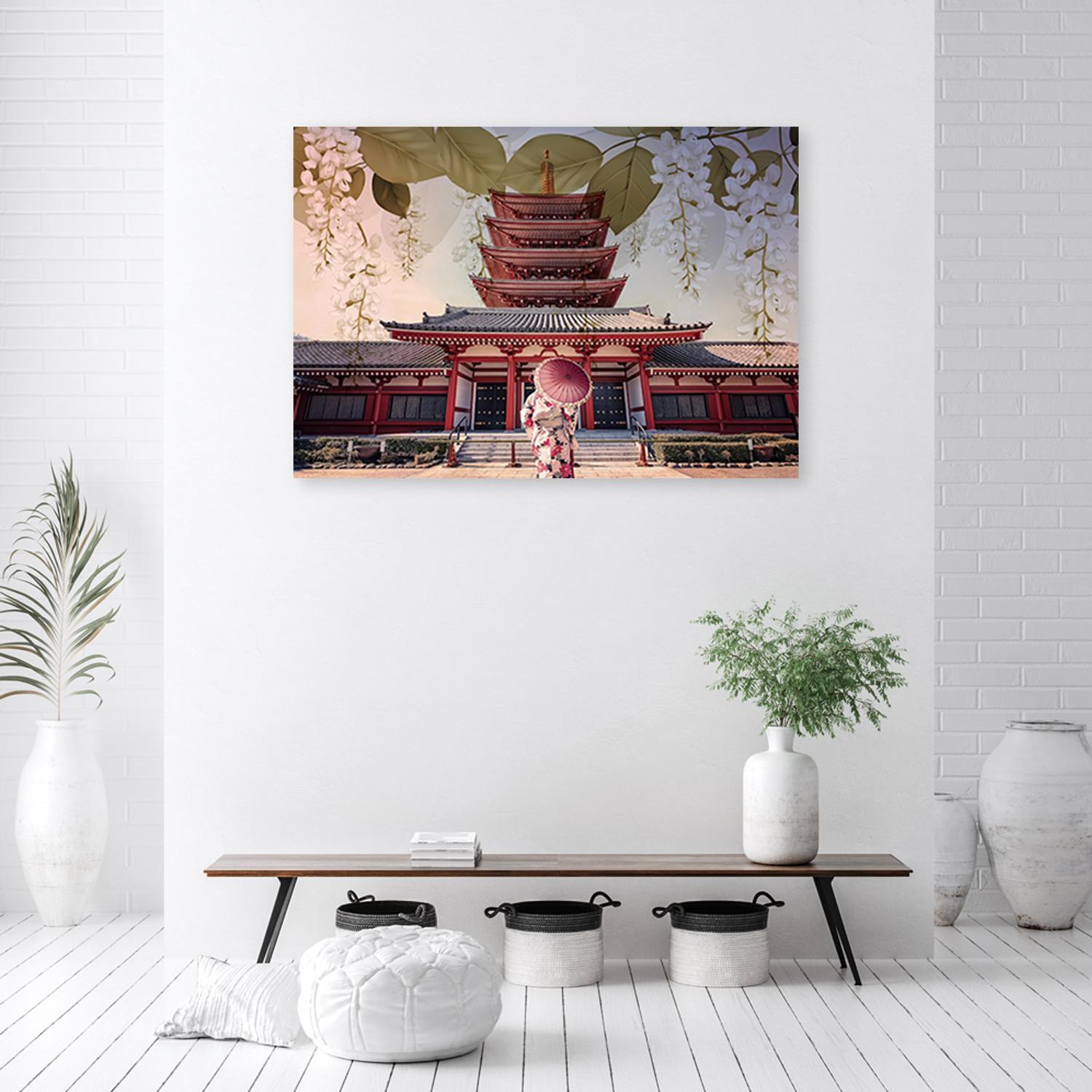 Canvasbillede, Japansk geisha og tempel