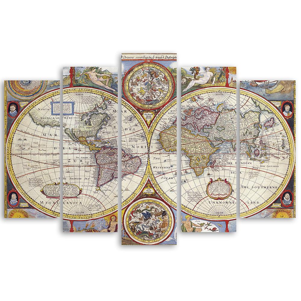 5 stuk canvas print vintage oude wereldkaart