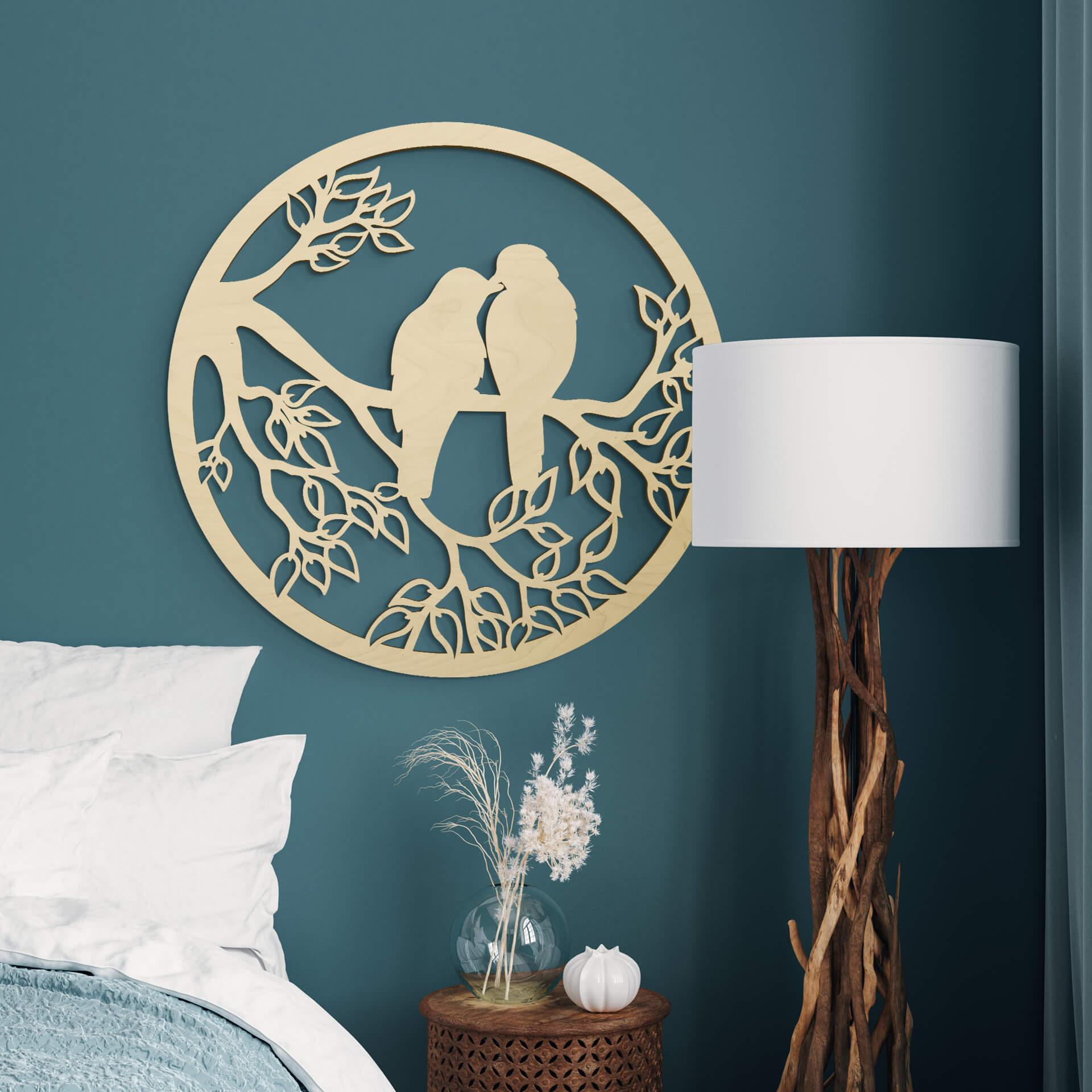 Decoración en madera álamo - Dos pájaros sentados en la rama - Redondo