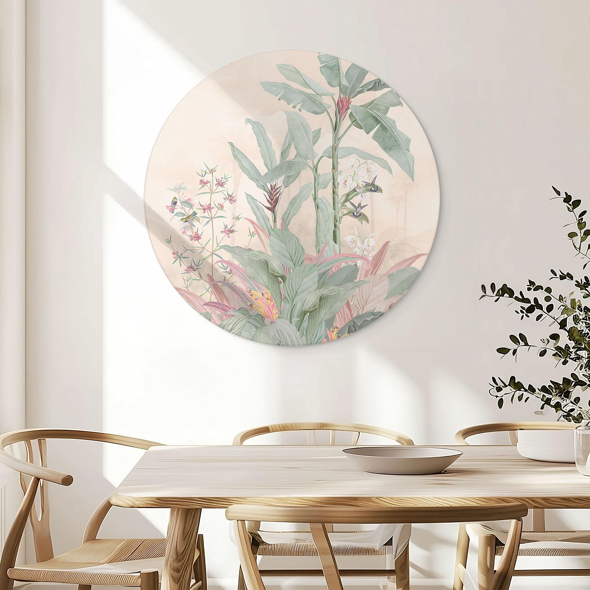 Tropisk idyl med kolibri abrikos - Bloomery Decor - rund – print på aluminium (Alu-Dibond)