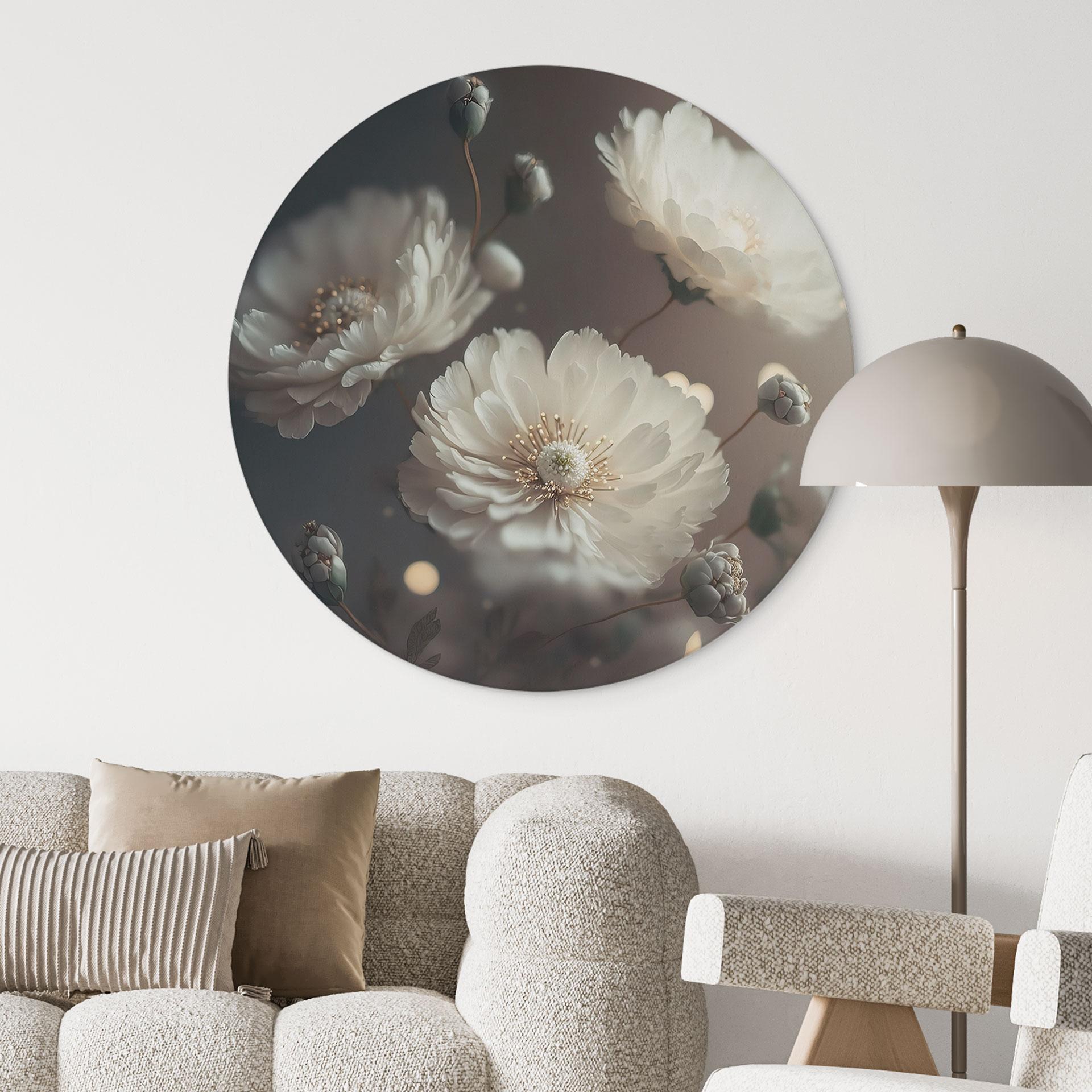 Billede Hvide blomster med guldstøv - Treechild - rund – print på aluminium (Alu-Dibond)