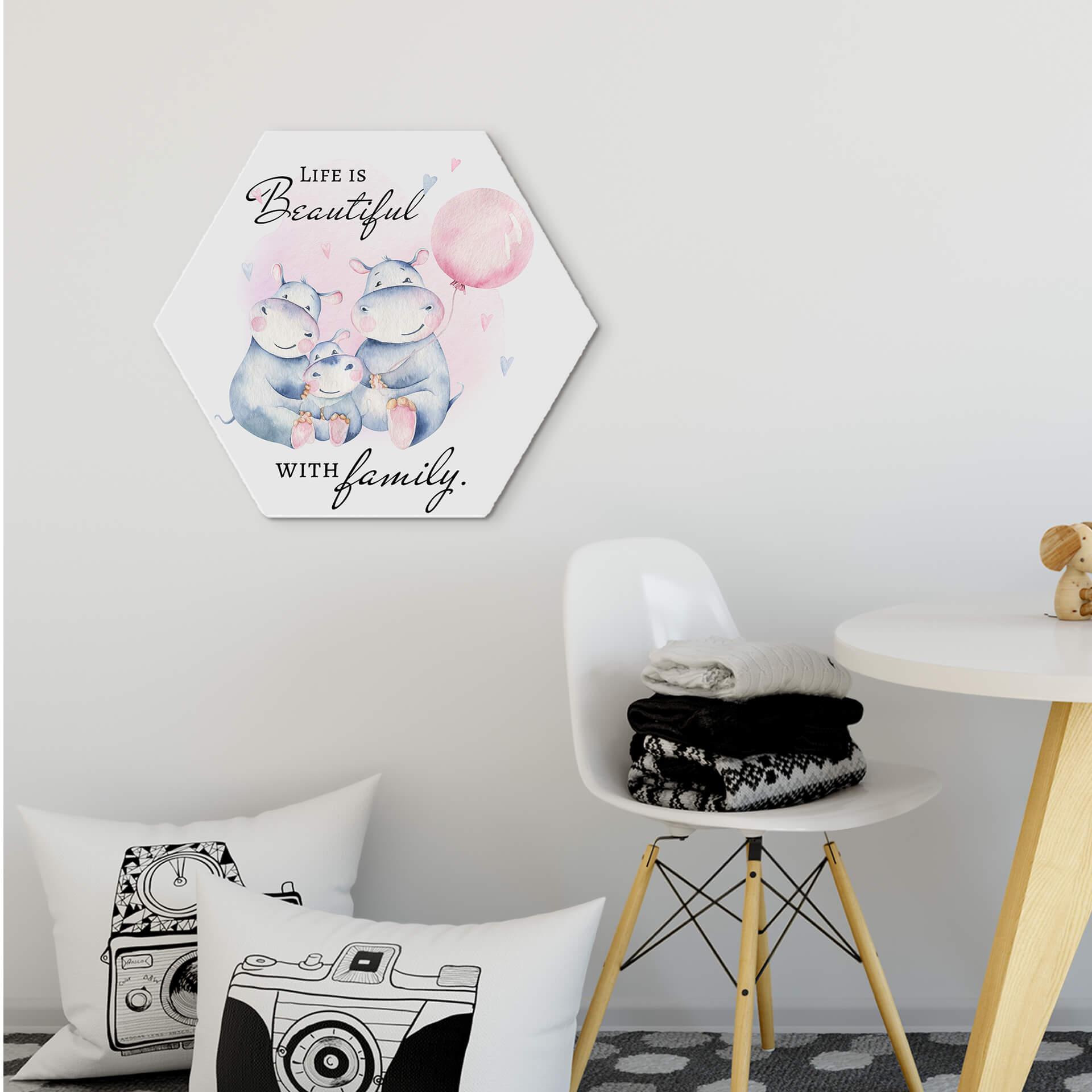 Hexagon - Alu-Dibond Kvilis - Flusspferde Life is beautiful with family