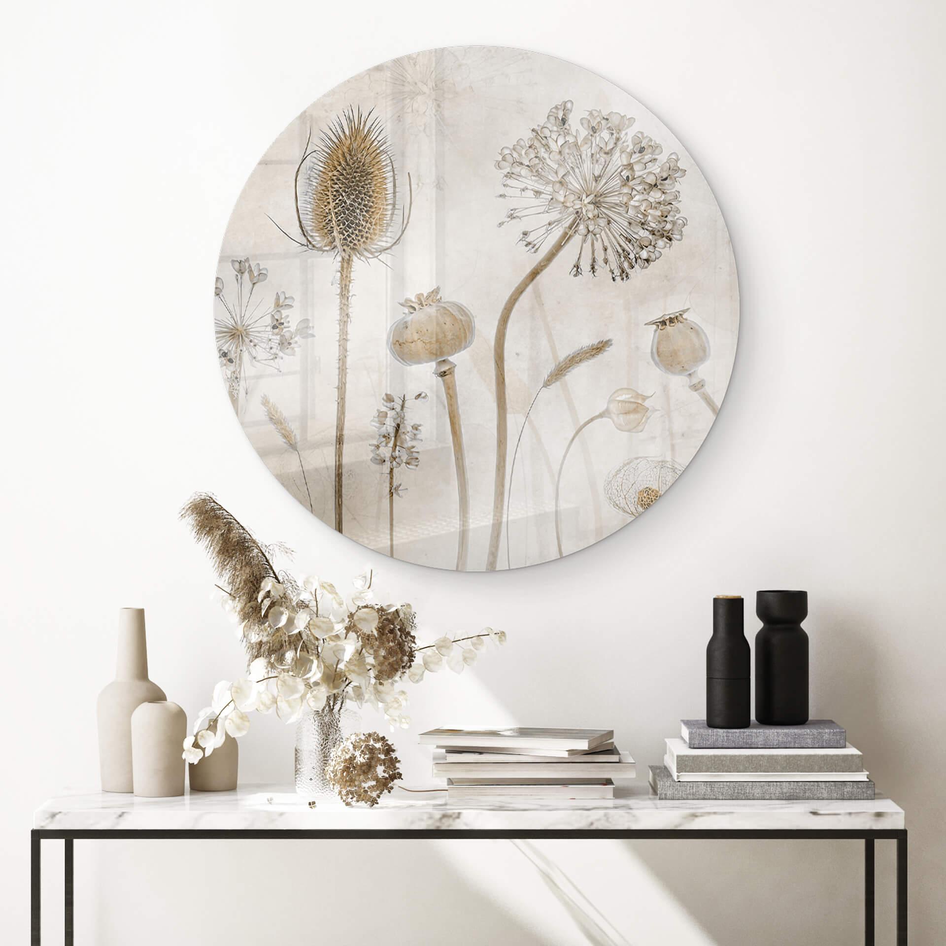 Glasschilderij Rond Disher - Gedroogde Bloemen
