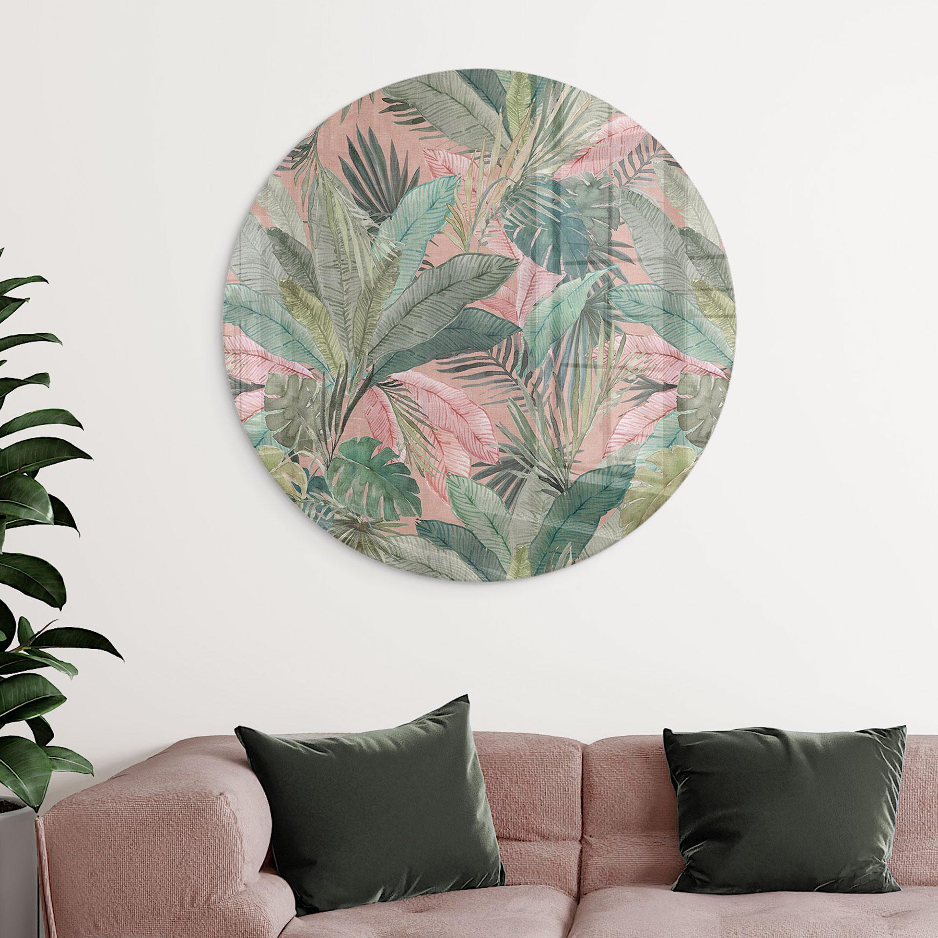 Glasbillede - Tropiske blade i junglen pink - Bloomery Decor - Round