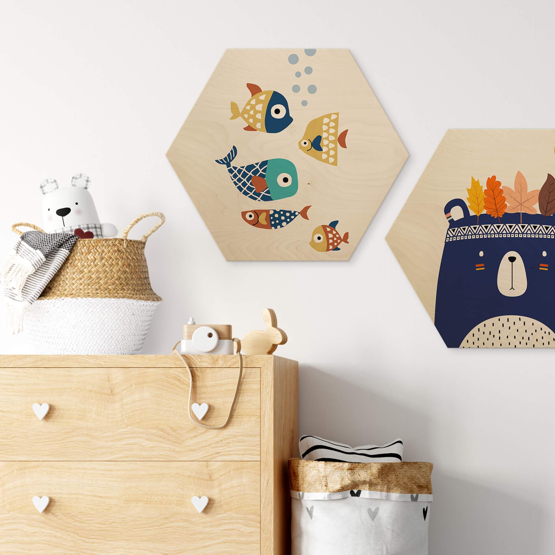 Hexagon Hout Kubistika - Colorful Fish
