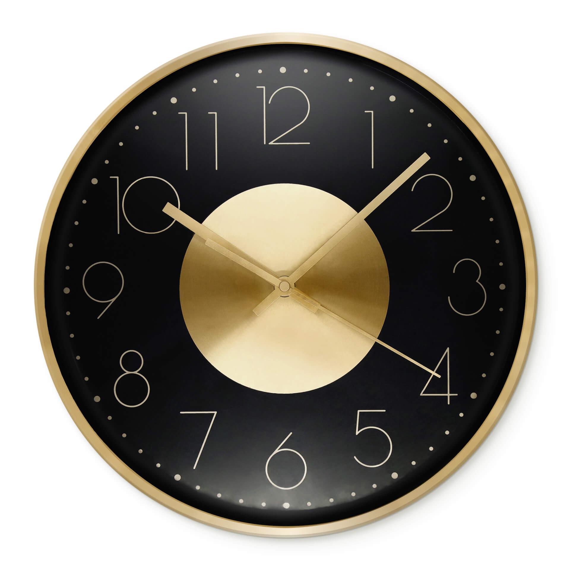 Moderne Wanduhr aus Aluminium, schwarz-gold | rund