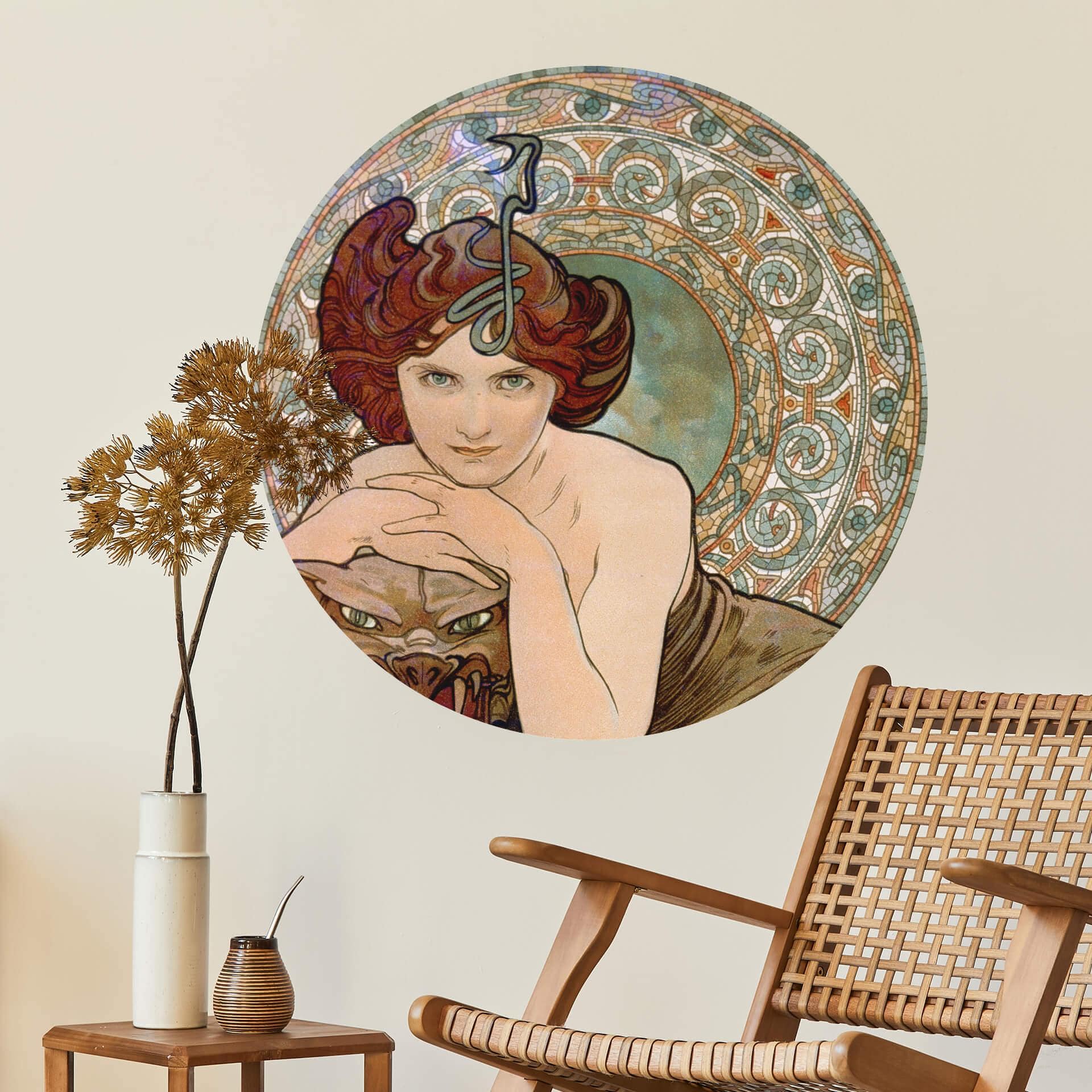 Sticker mural Mucha - Pierres précieuses : émeraude - Rond
