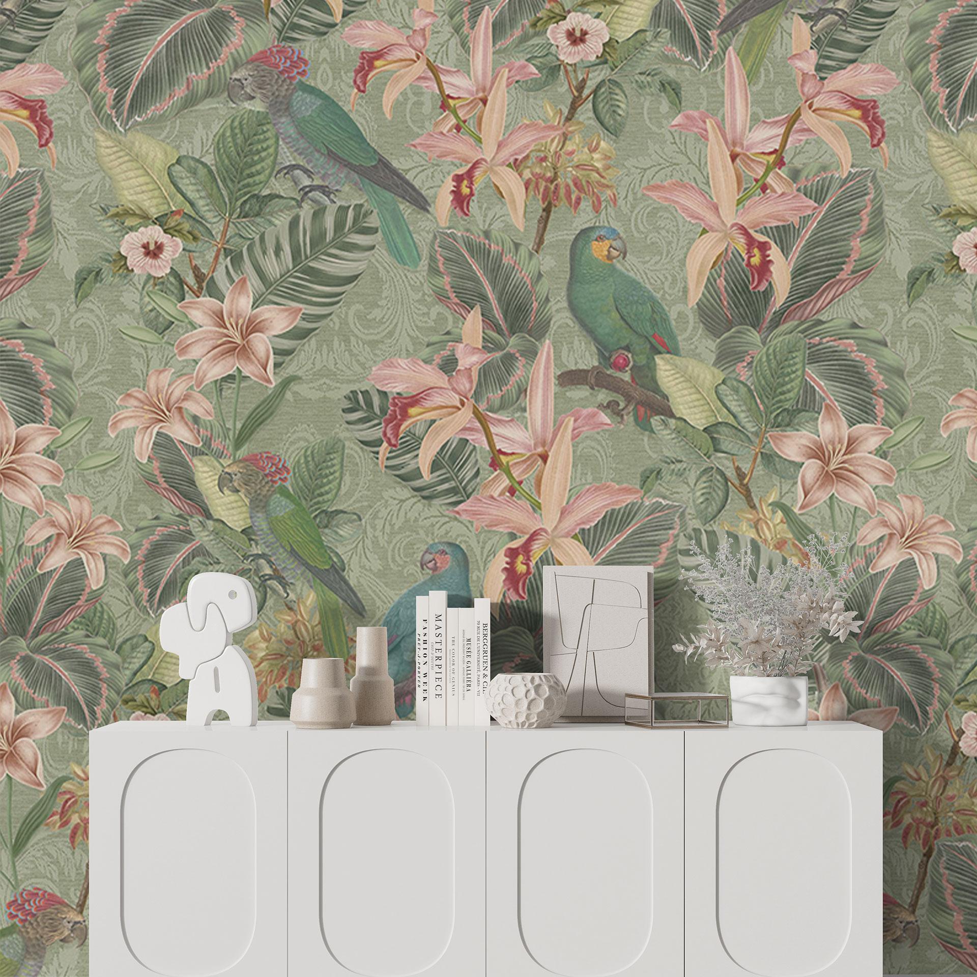 Jungle med papegøjer grøn | Fototapet fra junglen - Bloomery Decor