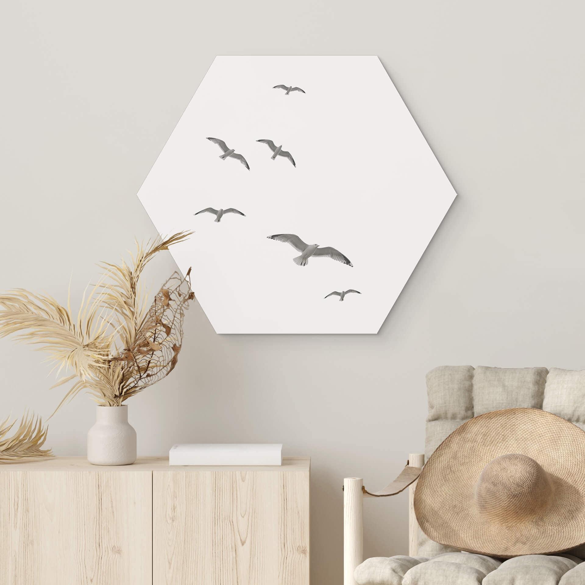Hexagon Dibond Meeuwen in de Lucht