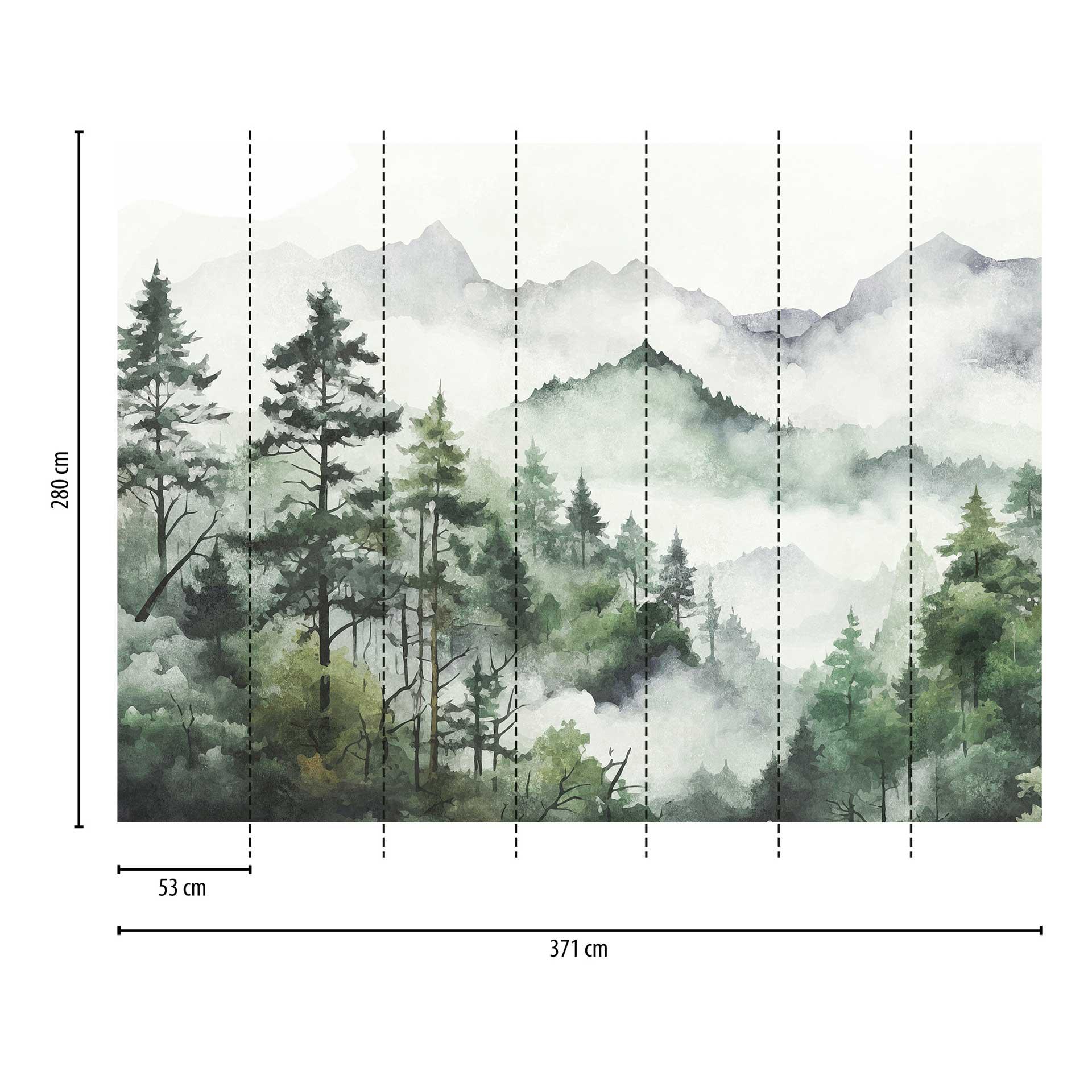 3D fotobehang bos aquarel donkergroen - vliesbehang met bergmotief voor woonkamer