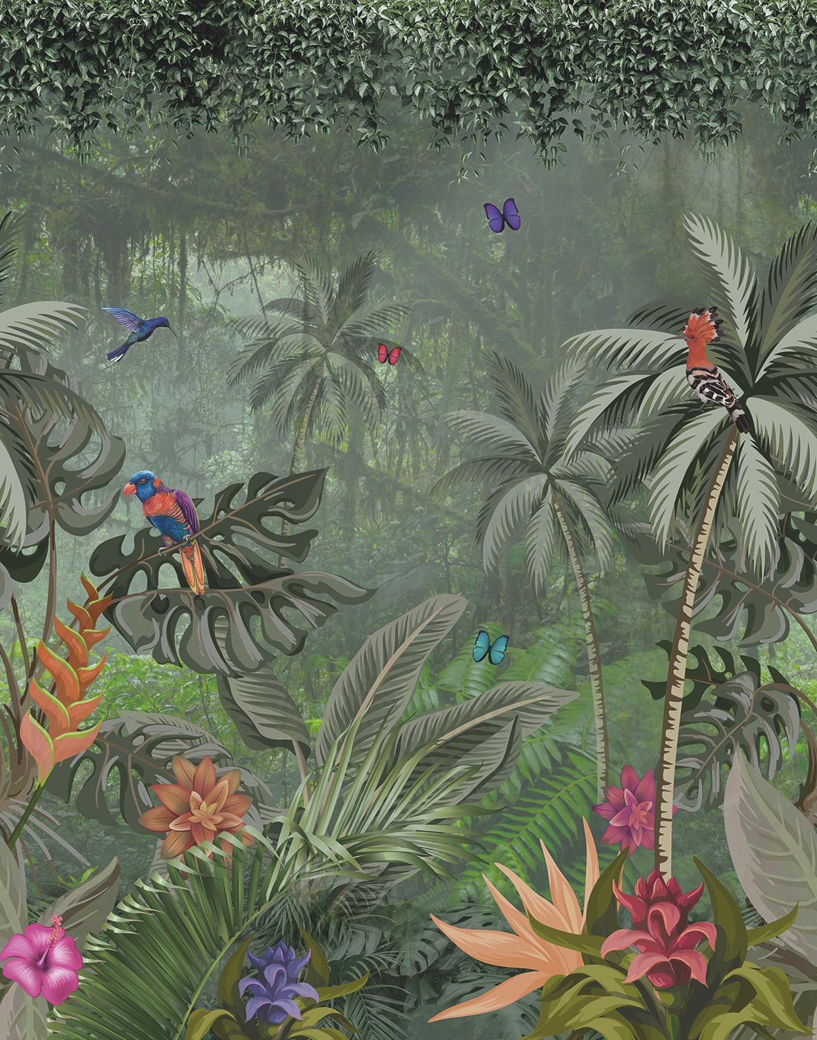 Fotobehang met jungle motief en dieren, groen, Bloem 2,70 x 2,12 m