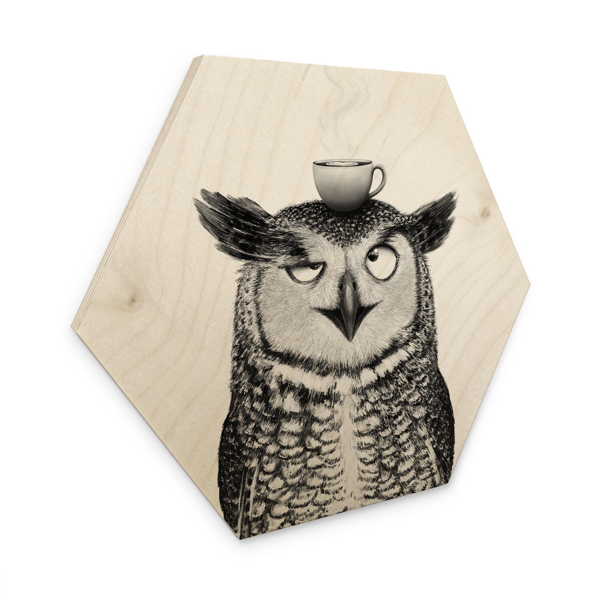 Tableau sur bois Hexagonal Hibou amusant avec café - Korenkova