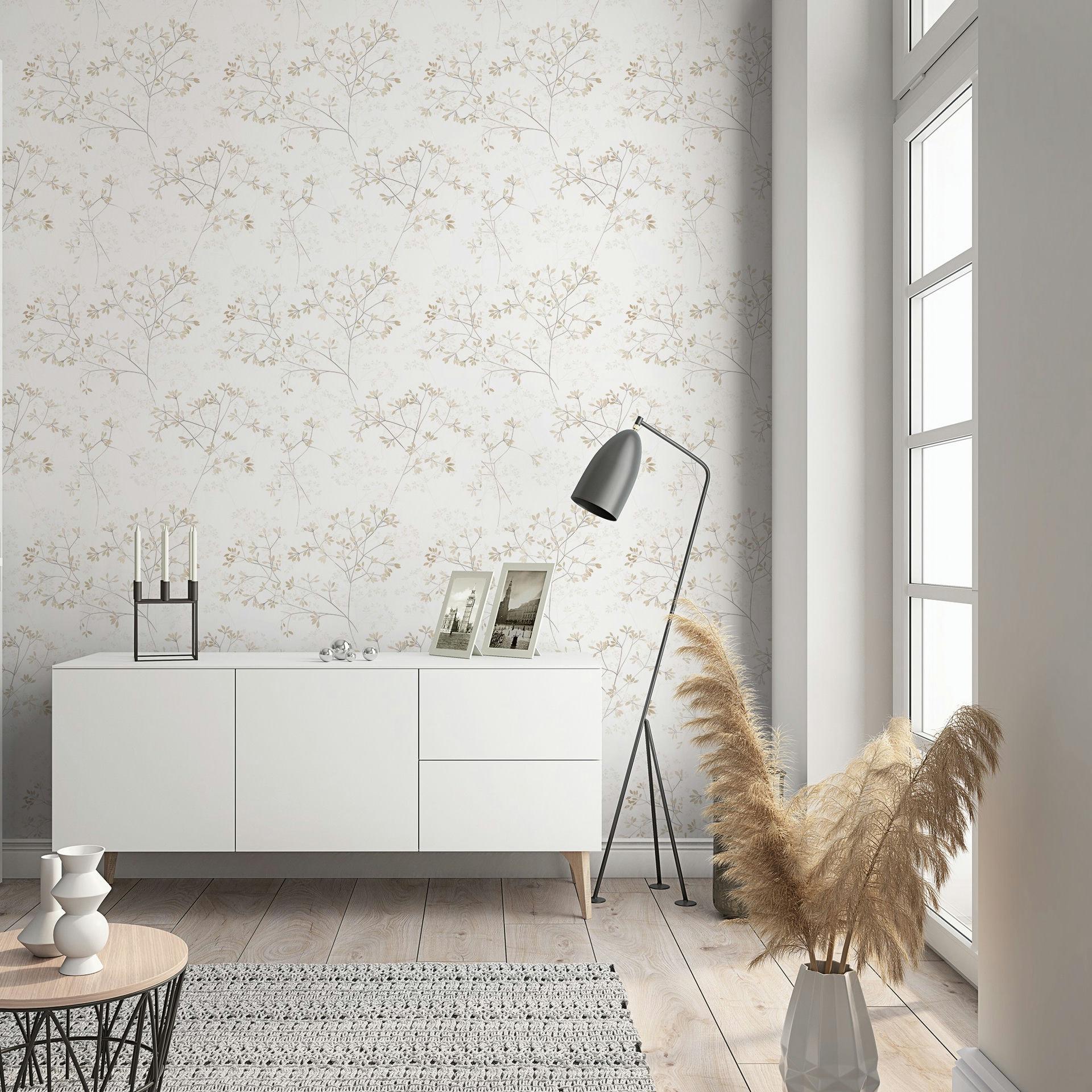 Ikke-vævet tapet blade blomstret natur mat i hvid beige