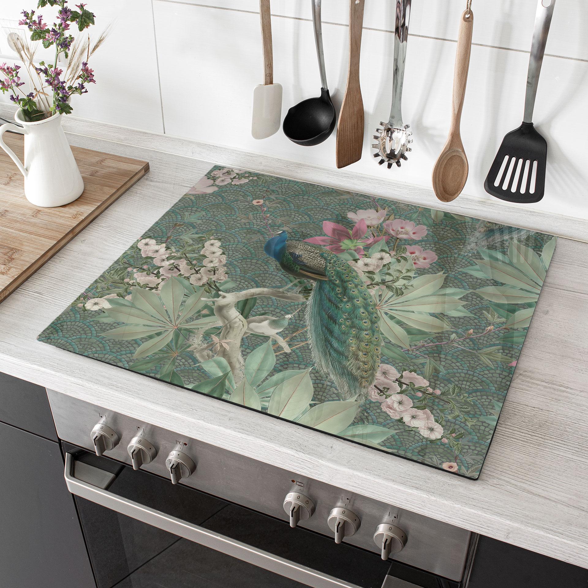 Kogeplade med påfugl i tropisk have på mosaik - Bloomery Decor