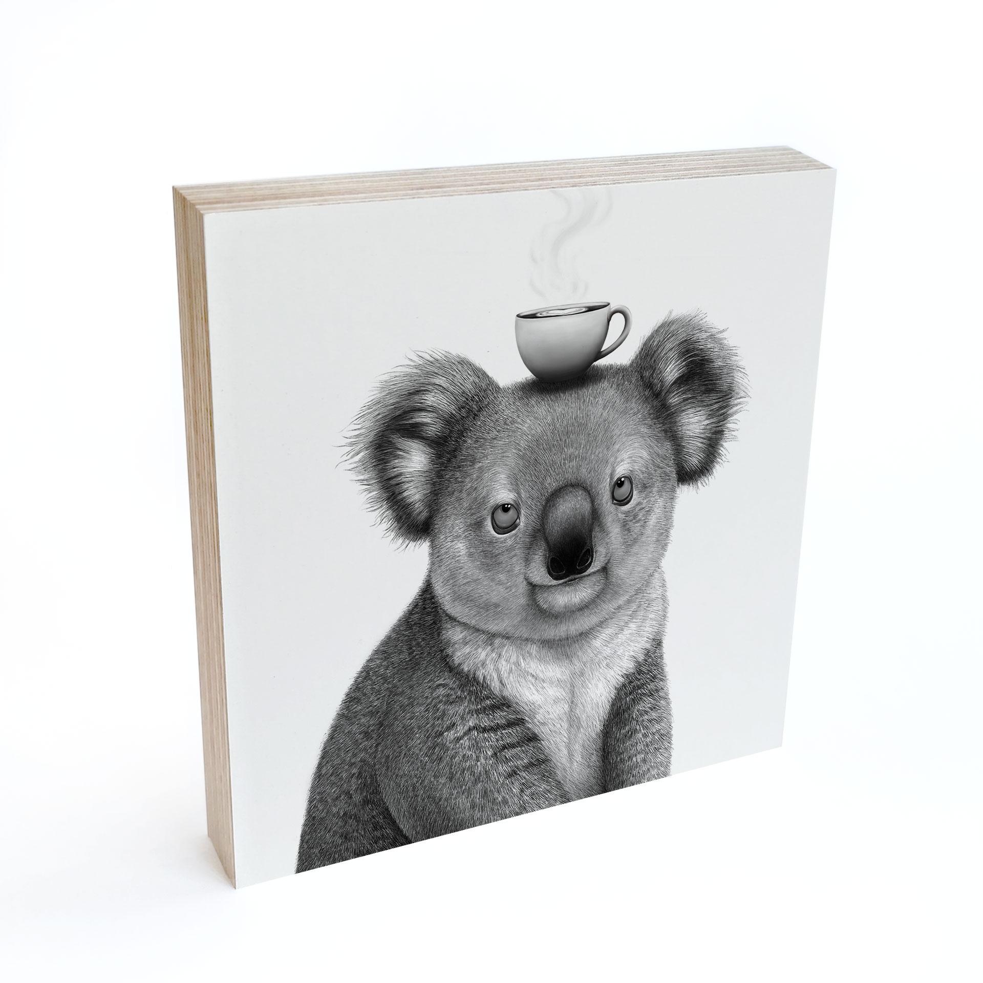 Tableau sur bois à poser - Koala avec café - Korenkova - 15x15 cm