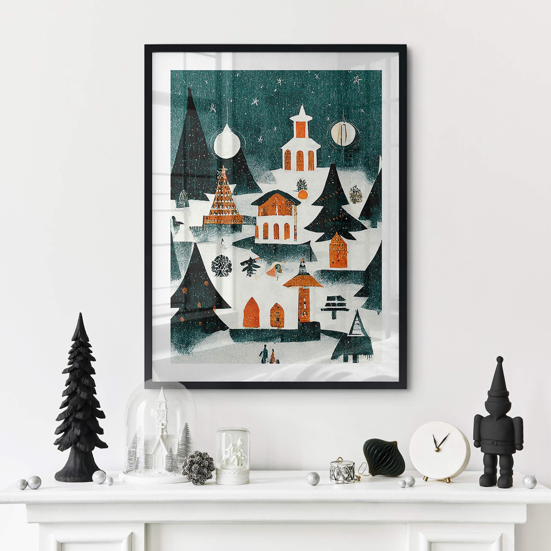Plakat Jul - vinterlandskab om natten - træbarn