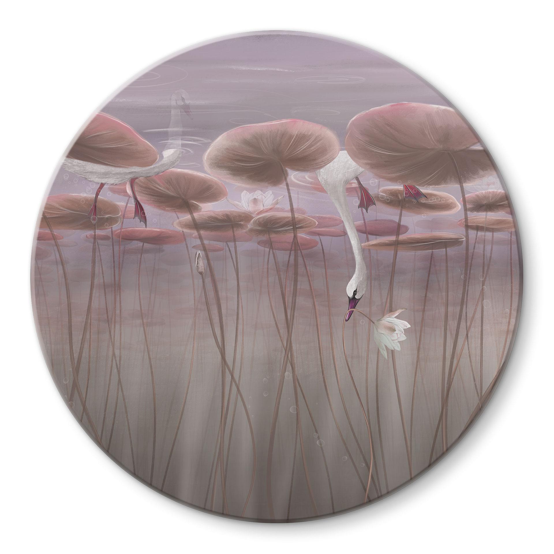 Glasbild Lotusblumen mit Schwan im Wasser in Altrosa - Ms Tiff - Rund