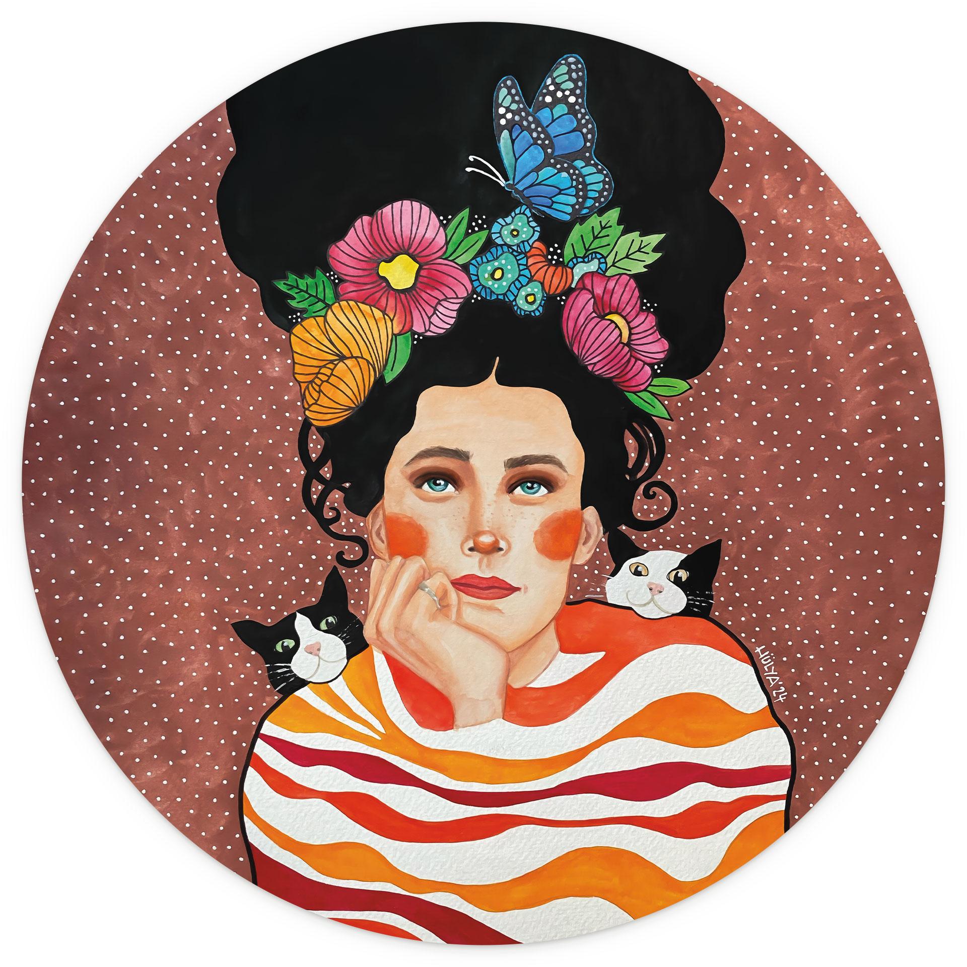 Fotobehang Vrouw met bloemenkroon en katten - Hülya - Rond - Zelfklevend/niet-geweven