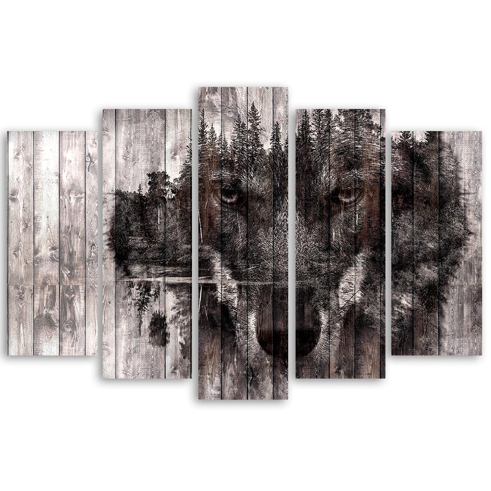 5-delige canvas print, Wolf Forest Retro Vintage