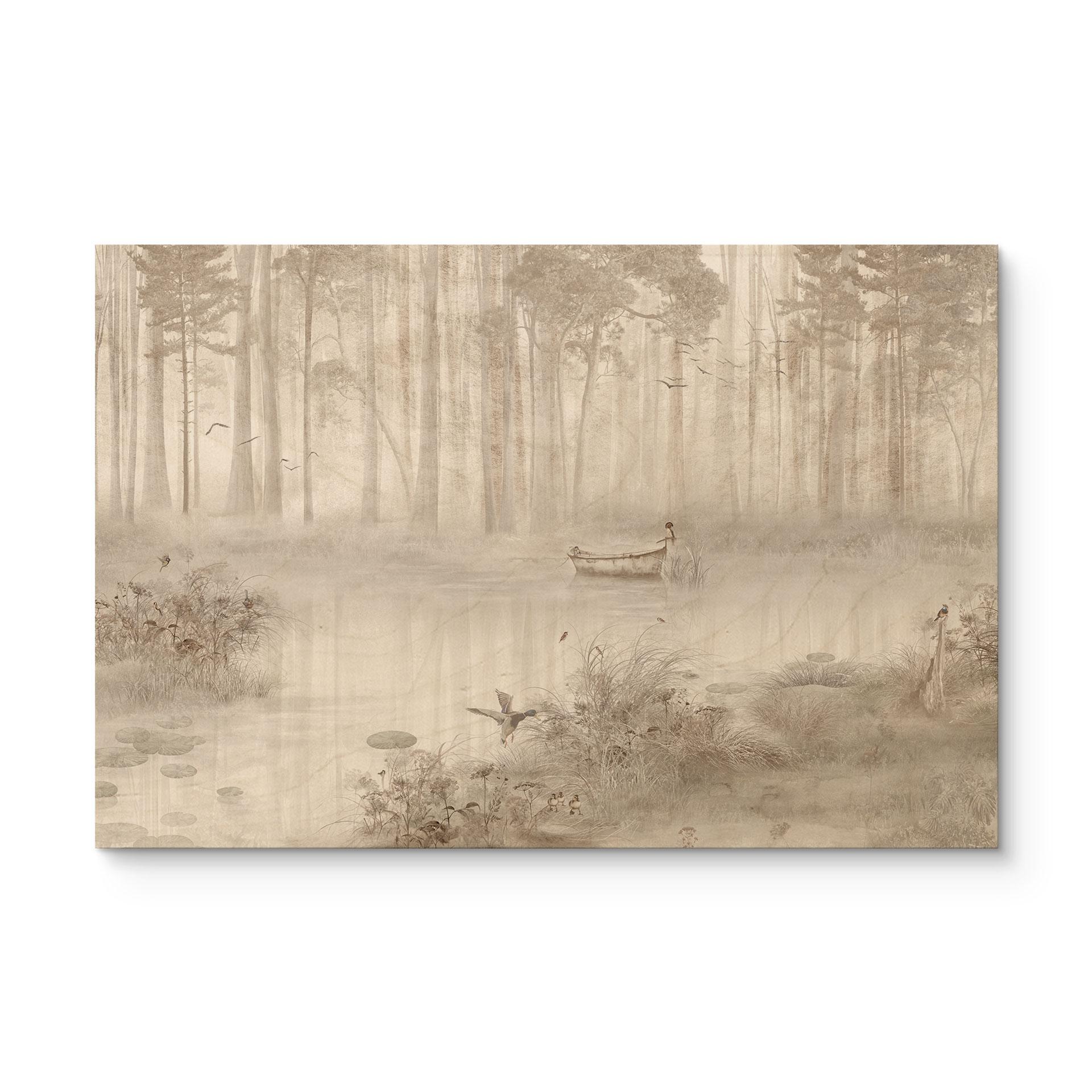 Houten Wanddecoratie bos bij het meer in beige mist - Ms Tiff