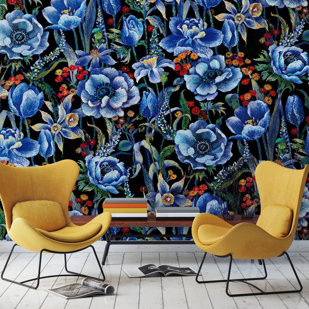 Sort blomstertapetFototapet med planter 3,40 x 3,18 m