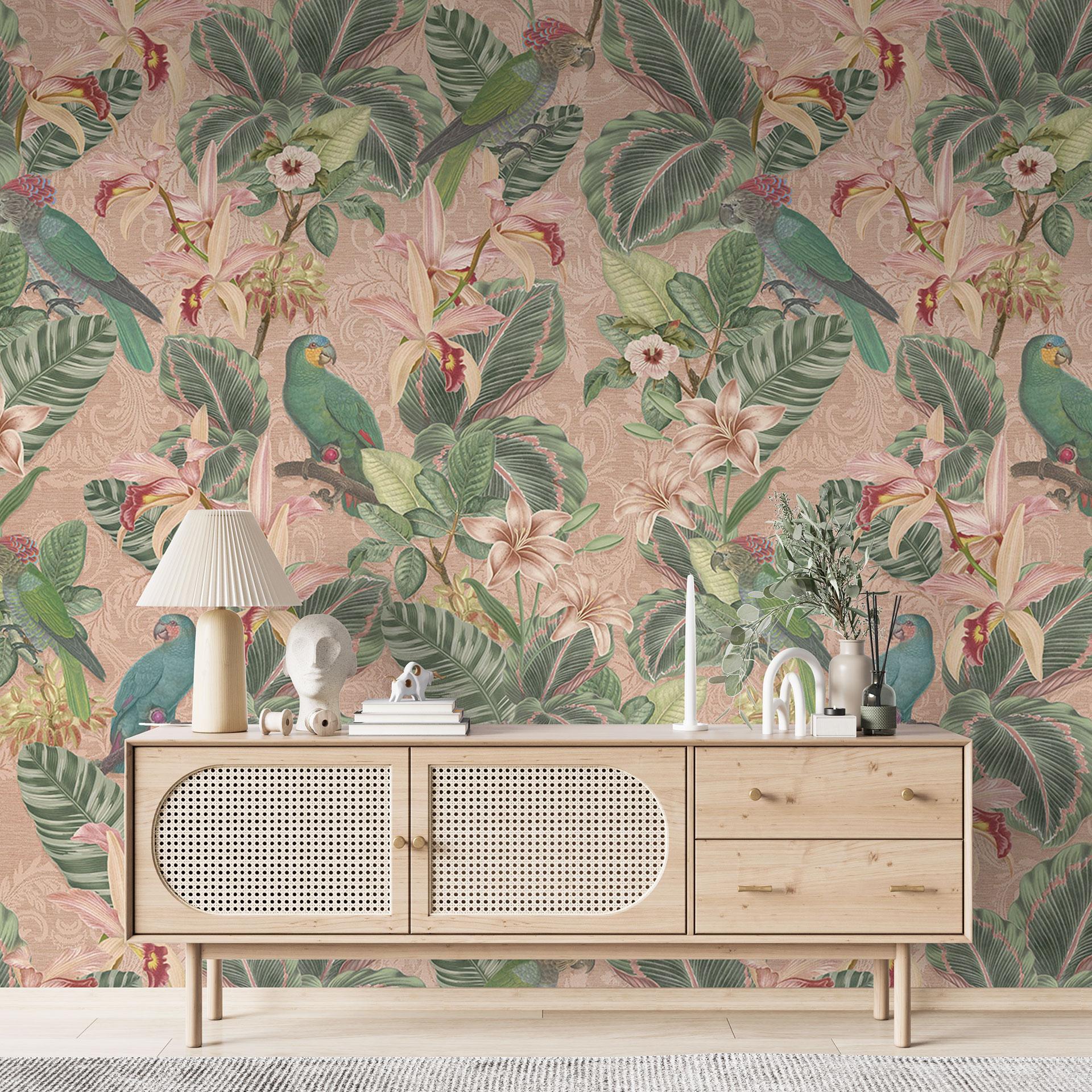 Jungle med papegøjer lyserødt fototapet - urban jungle tapet - Bloomery Decor