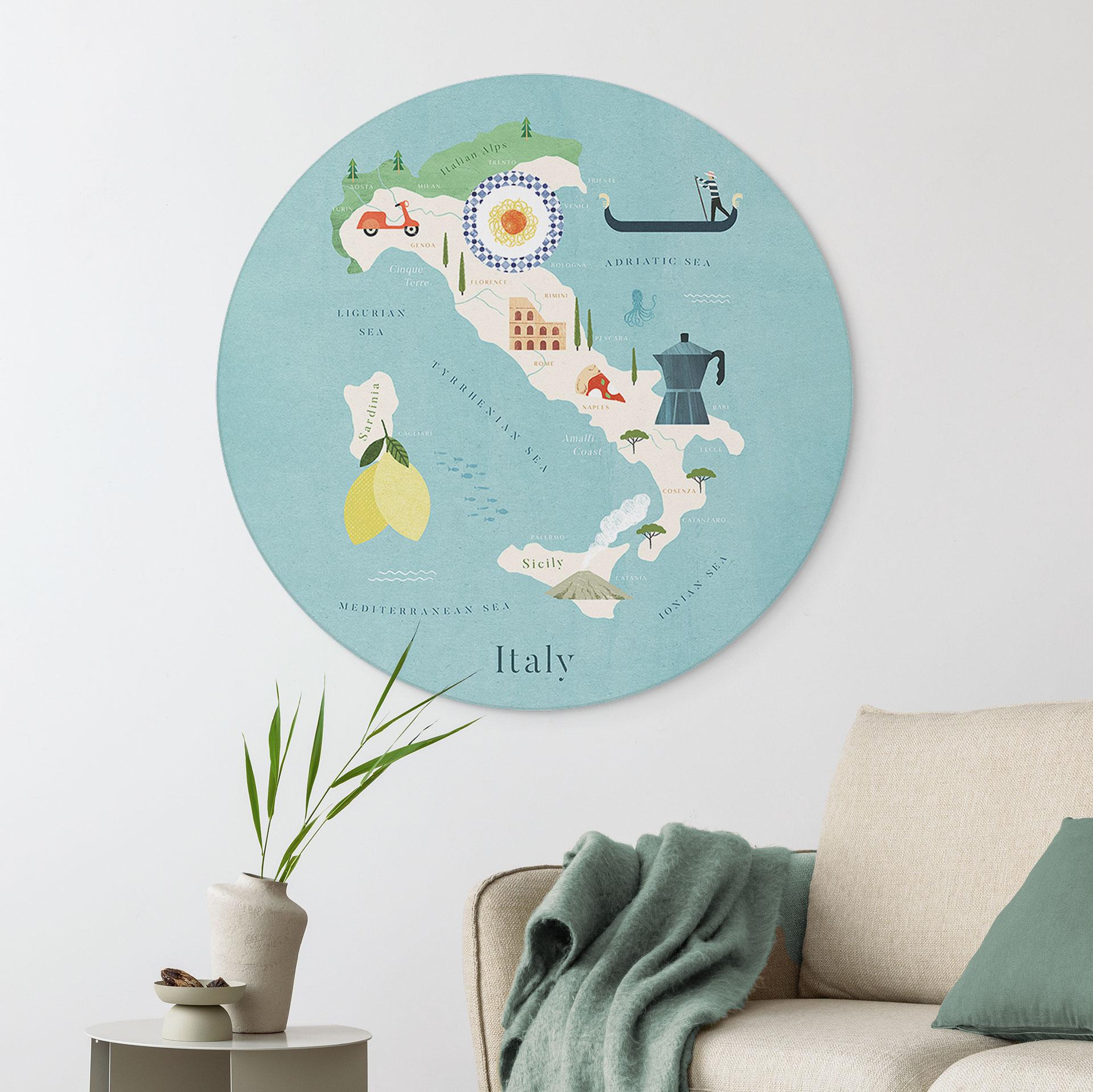 Vægcirkel Kort over Italien - Rivers – print på aluminium (Alu-Dibond)