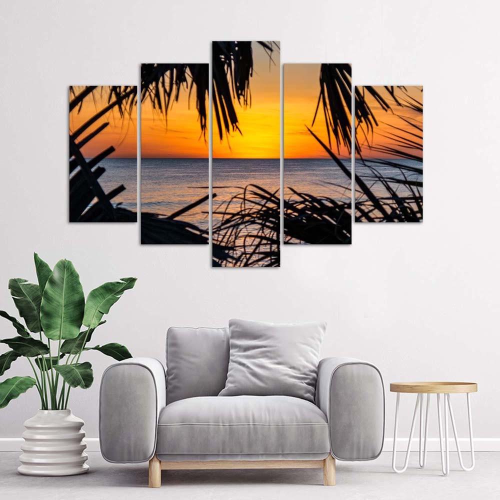 5 stykke lærredstryk Sea Palm Trees Sunset
