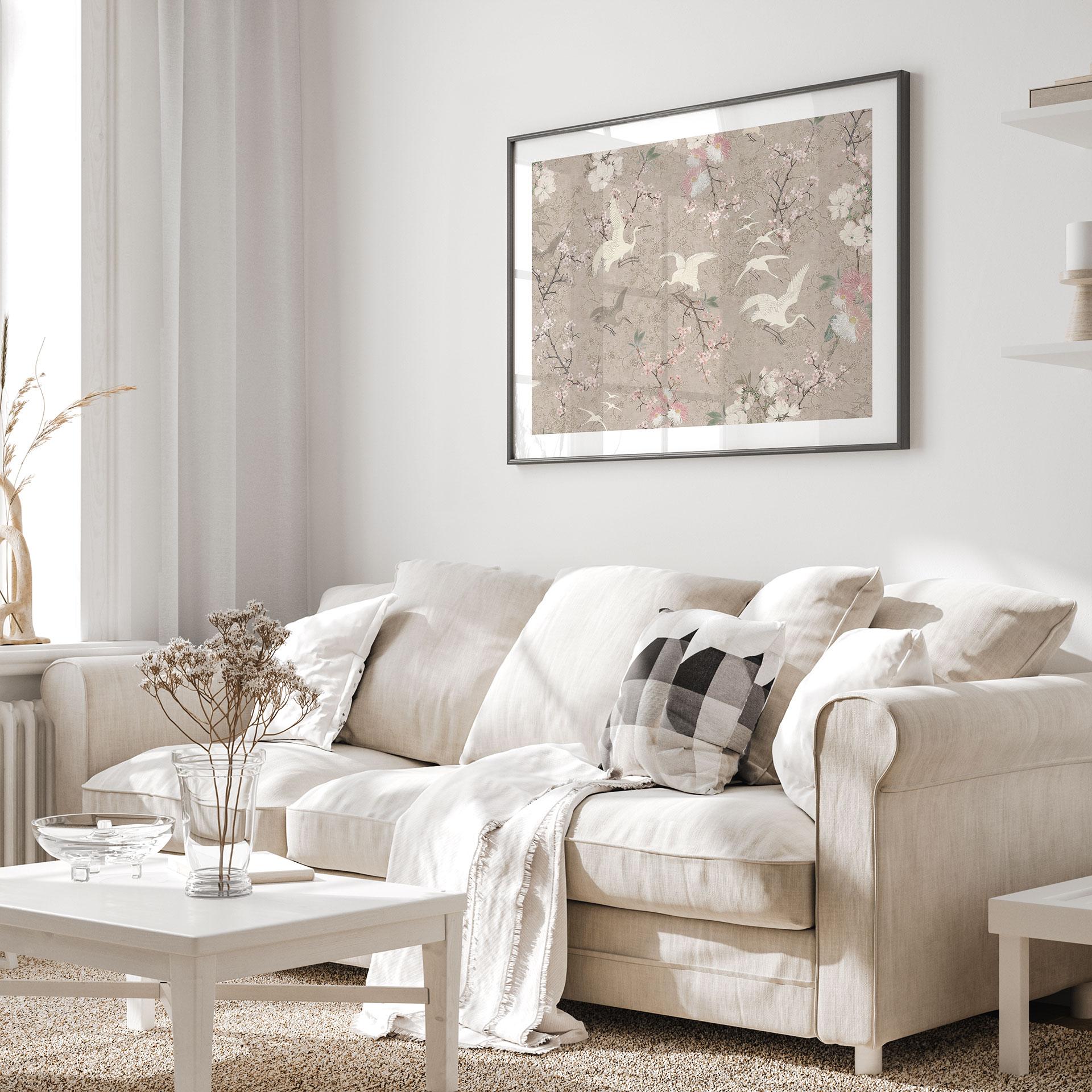 Fugleplakat Traner i kirsebærblomst Rush Beige - Bloomery Decor