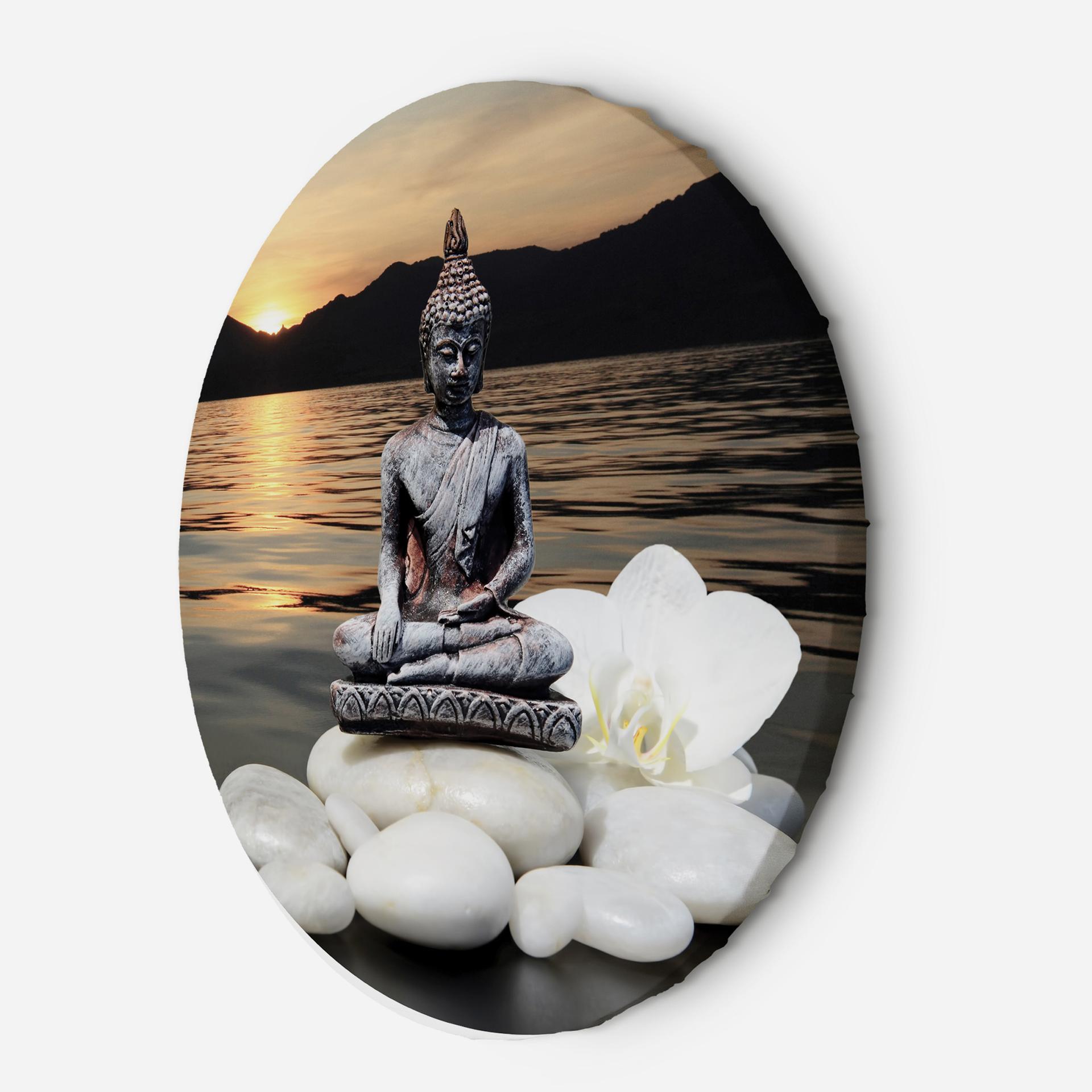 Rundt lærredsbillede Buddha på baggrund af den nedgående sol