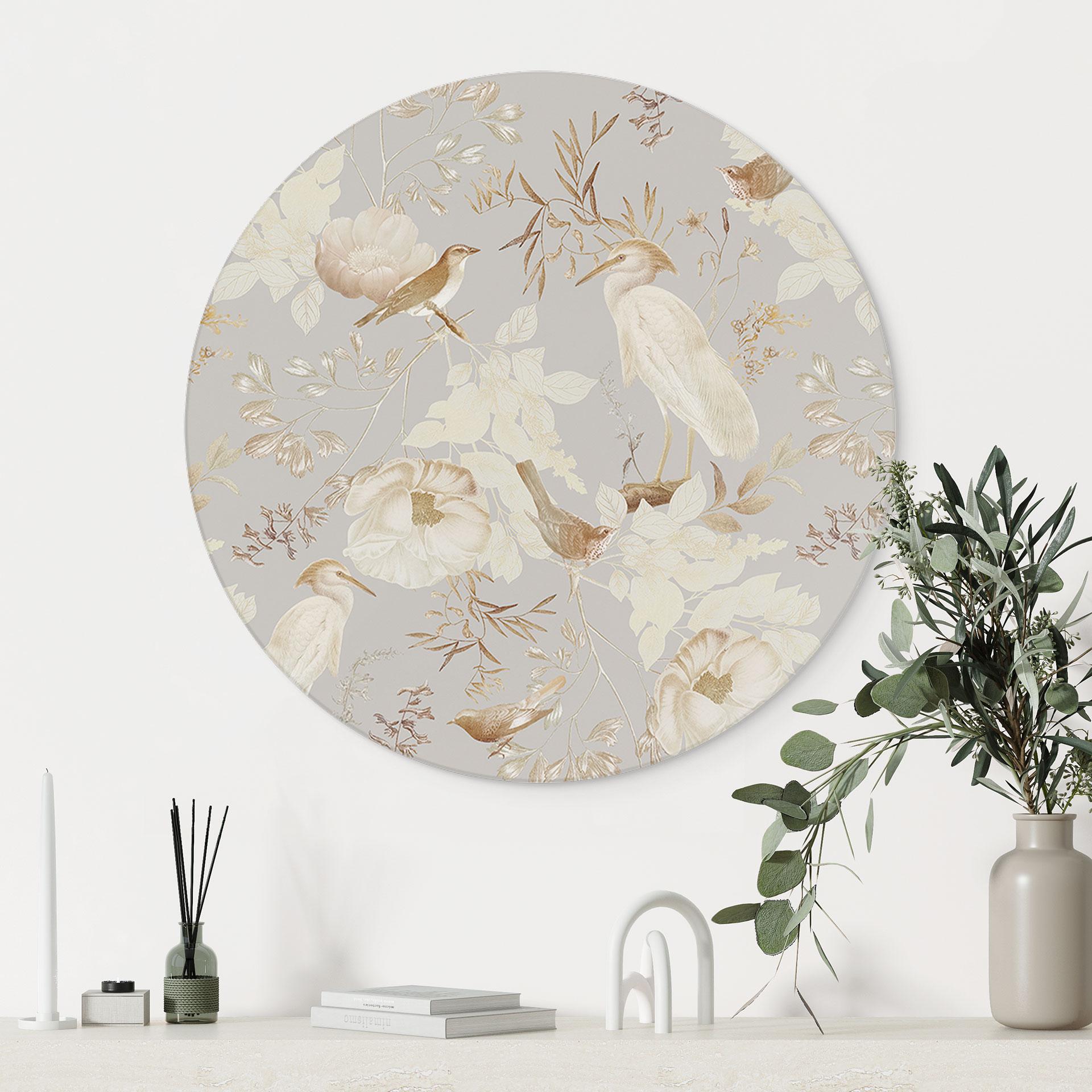 Wandbild Vögel zwischen weißen Blumen - UN Designs - Rund - Alu-Dibond
